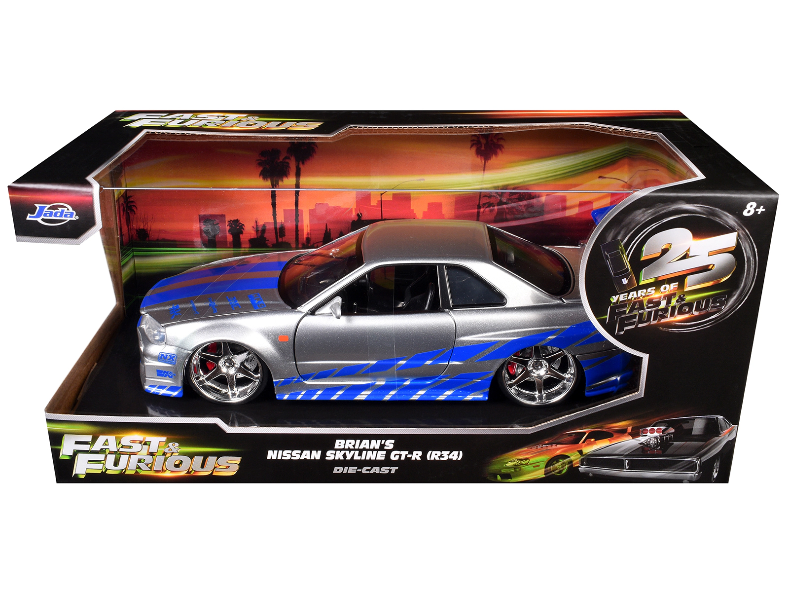 Jada Brian's Nissan GTR Skyline R34 RHD (Right Hand Drive) Silver with Blue Stripes "Fast & Furious 25th
