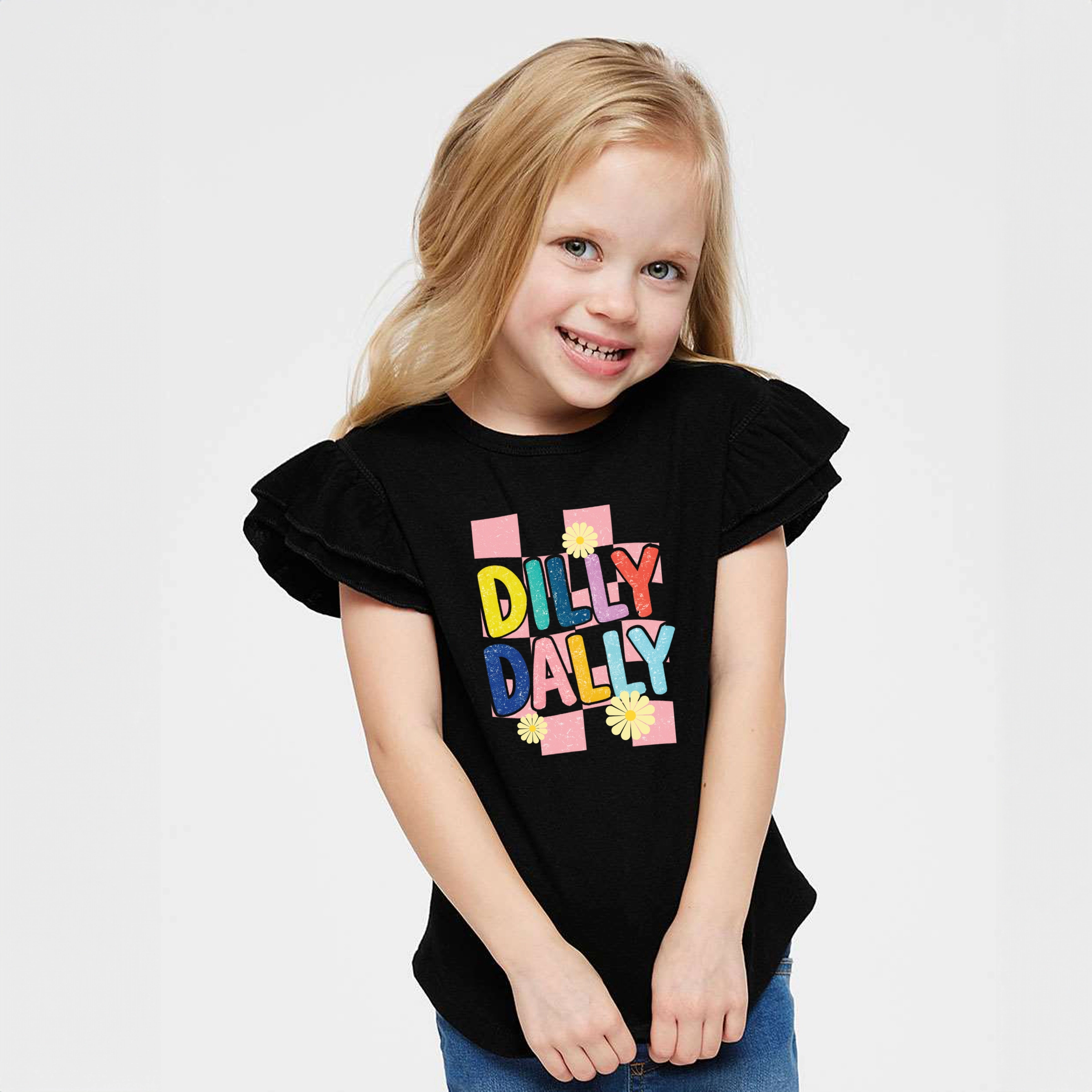 The Juniper Shop - Dilly Dally Checkered Girl's Flutter Sleeve Graphic T-Shirt