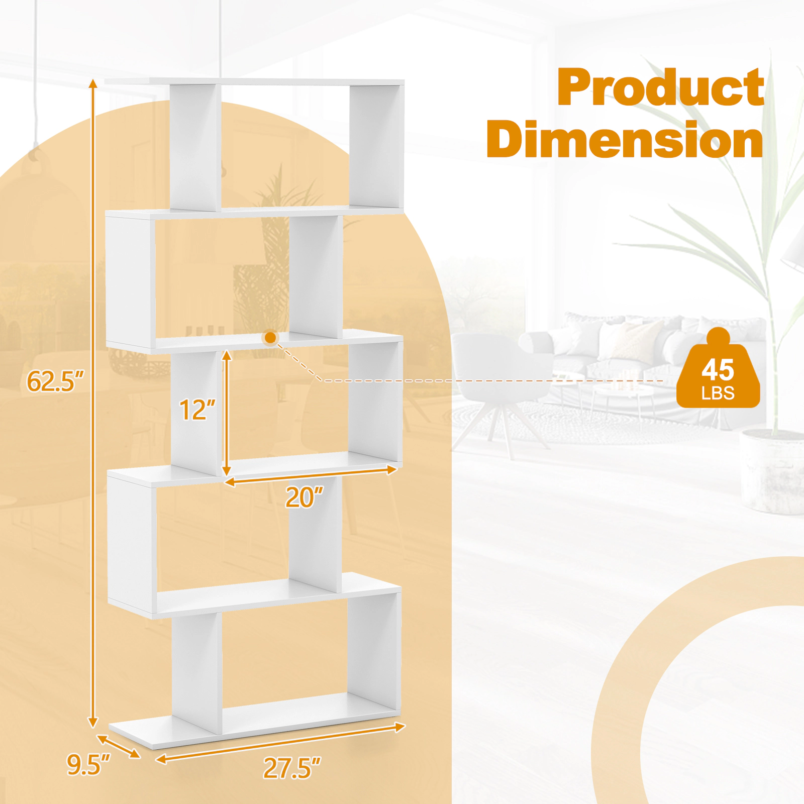 SUGIFT 5-Tier S Shaped Bookshelf Wide Base & Anti-Toppling Device 45-lb Shelf Capacity Rustic Brown for Living Room Home
