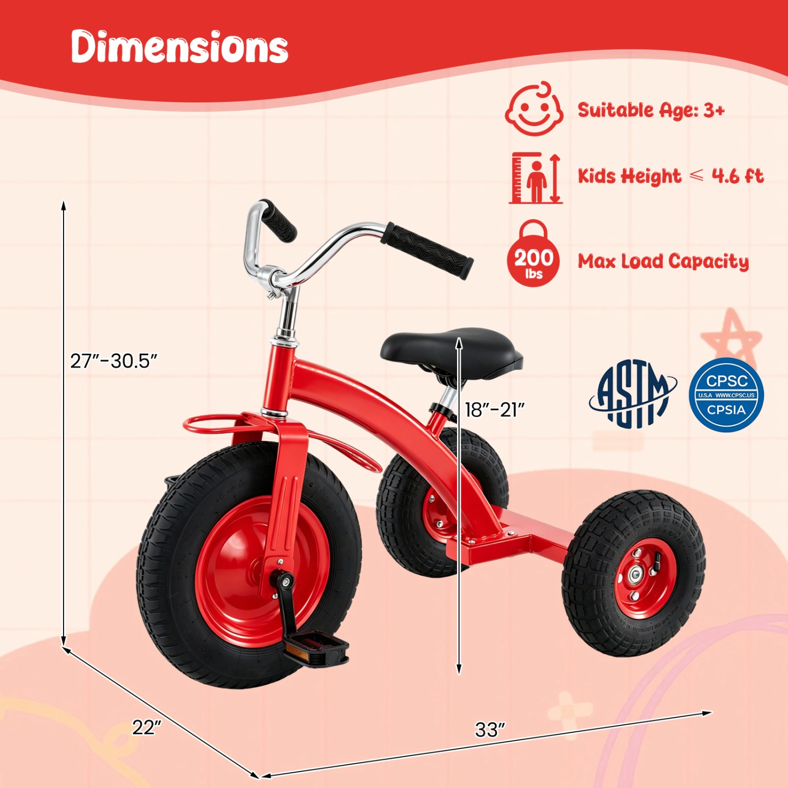 SUGIFT Carbon Steel Kids Tricycle Ride-On with Inflatable Rubber Tires 200-lb Capacity Ages 3+ 33-in Frame Red