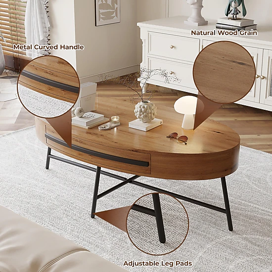 BebreezChic Mid-Century Modern Oval Coffee Table with Storage Drawer ...