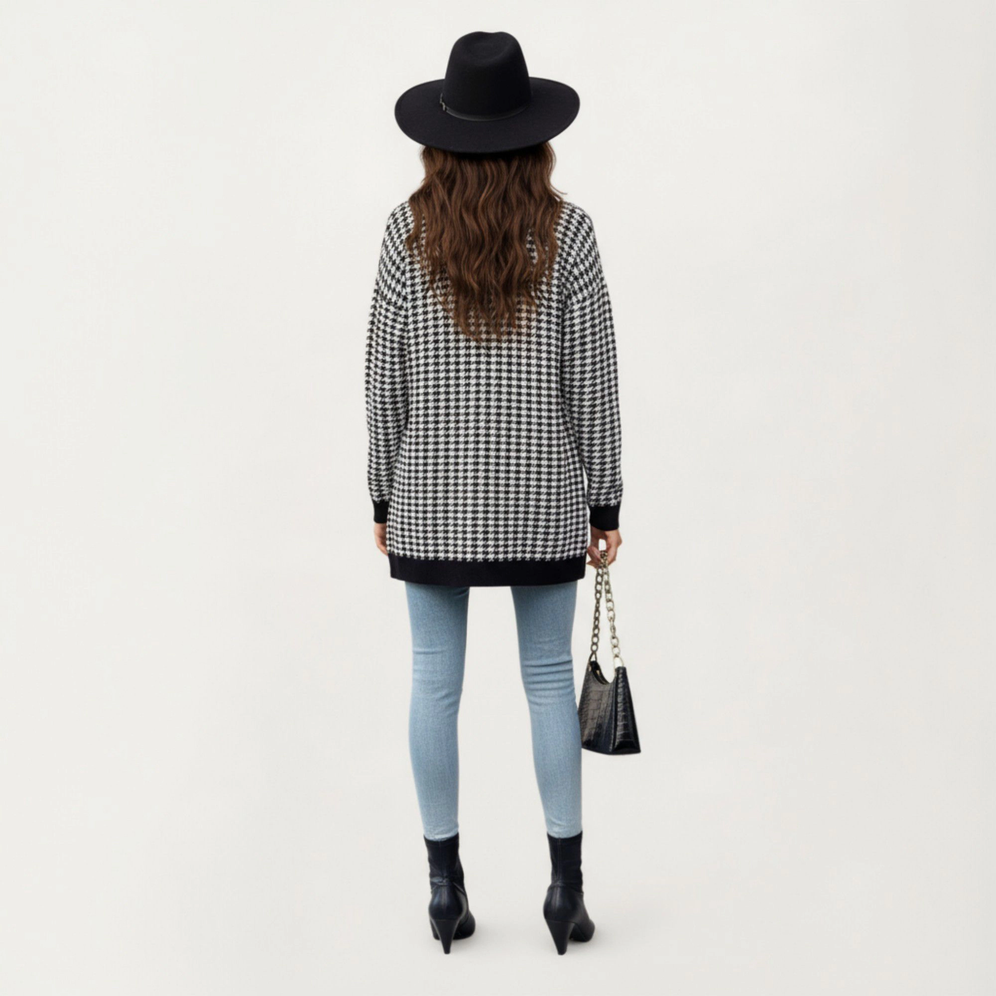 Anna-Kaci Women's Long Sleeve Houndstooth Knit Cardigan with Button Front and Pocket Detail