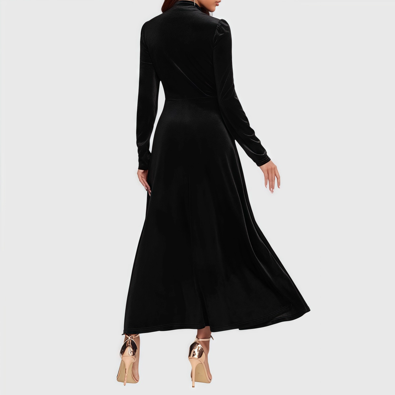 YesFashion Womens Velvet Maxi Dress Casual V Neck Long Sleeve High Waist A Line Flowy Party