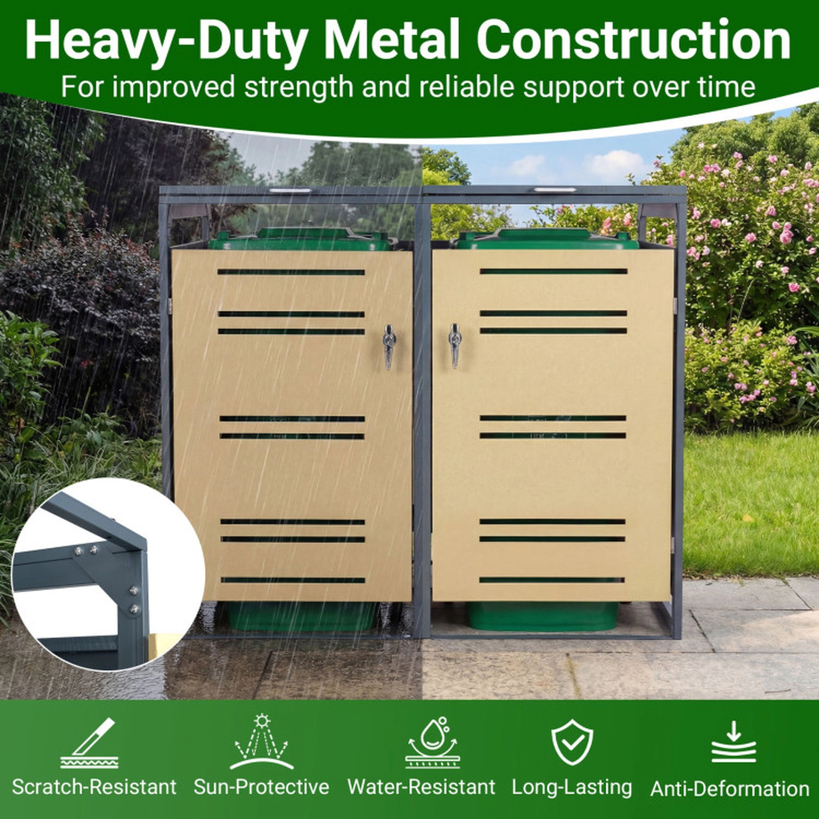 SUGIFT 2-Can Outdoor Metal Trash Can Storage Shed with Gas-Strut Lids Lockable Handle and Wide Doors