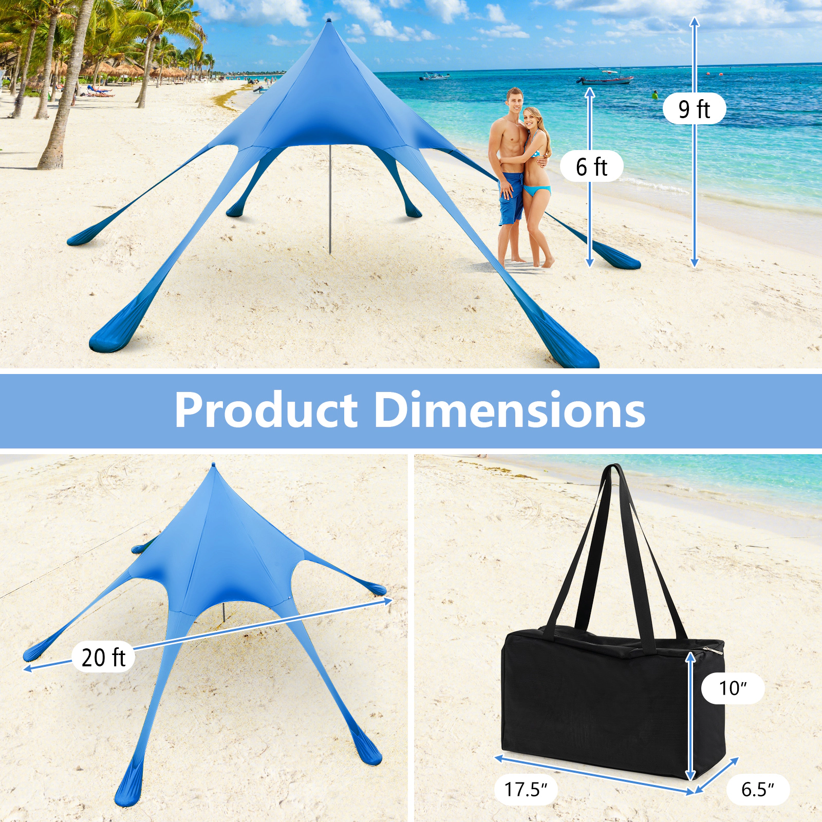 SUGIFT Blue 20-ft by 20-ft UPF50+ Lycra Beach Canopy Tent with Aluminum Pole Sand Shovel and Carry Bag