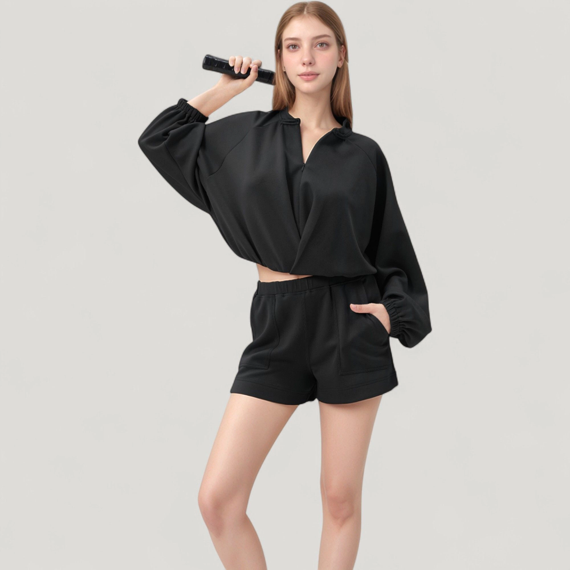 Anna-Kaci Women's Long Sleeve Woven Lounge Top with Half-Zip Front, Elastic Hem, and Relaxed Draped Fit
