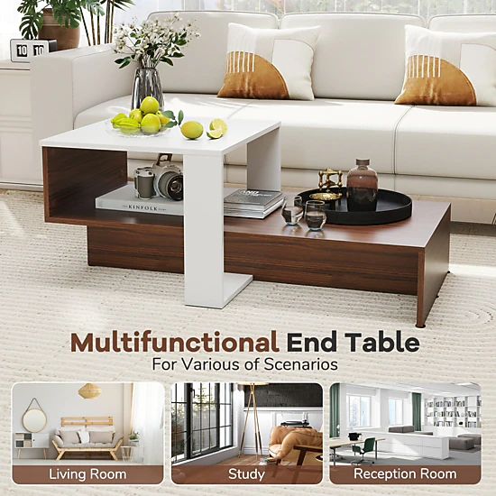 SlickBlue Modern Geometric Coffee Table, 2-Tier Storage Shelf, Wood Grain Center Table for Living Room