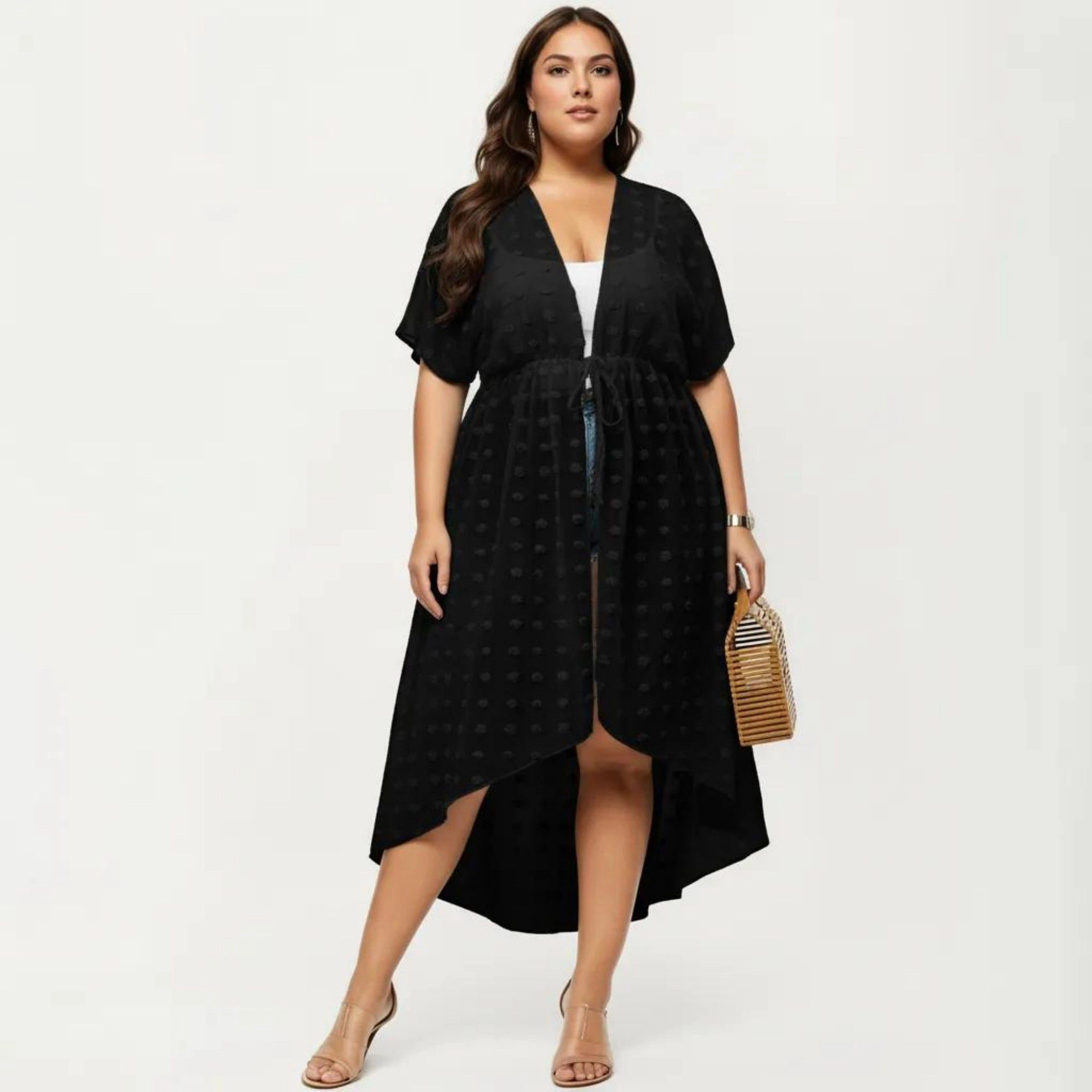 Anna-Kaci Women's V Neck Drawstring Waist Swiss Dot High Low Hem Beach Layer Sheer Midi Cover Up Dress
