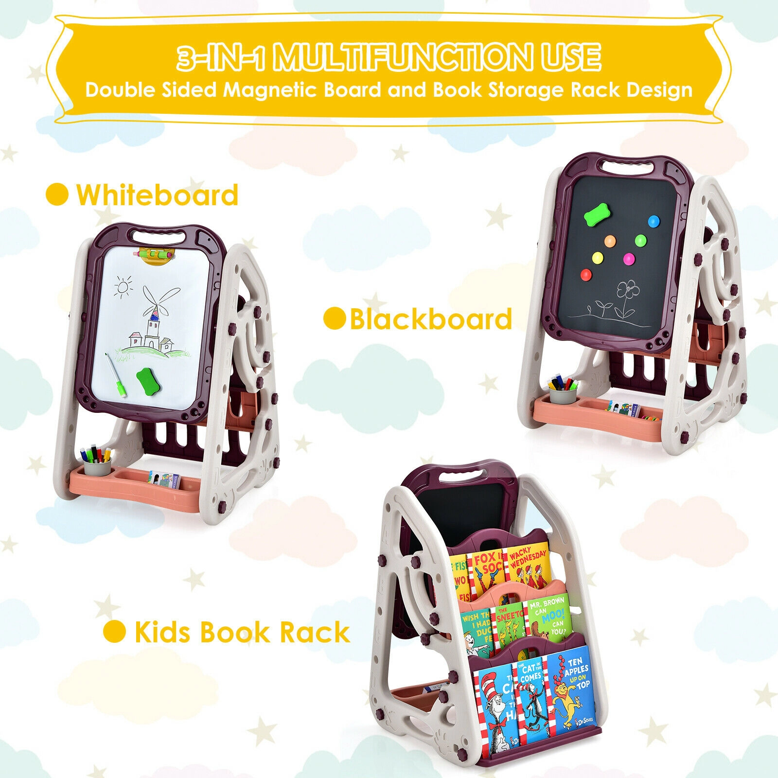 SUGIFT Red Bookshelf and Art Accessories 3-in-1 Kids Art Easel Double-Sided Board