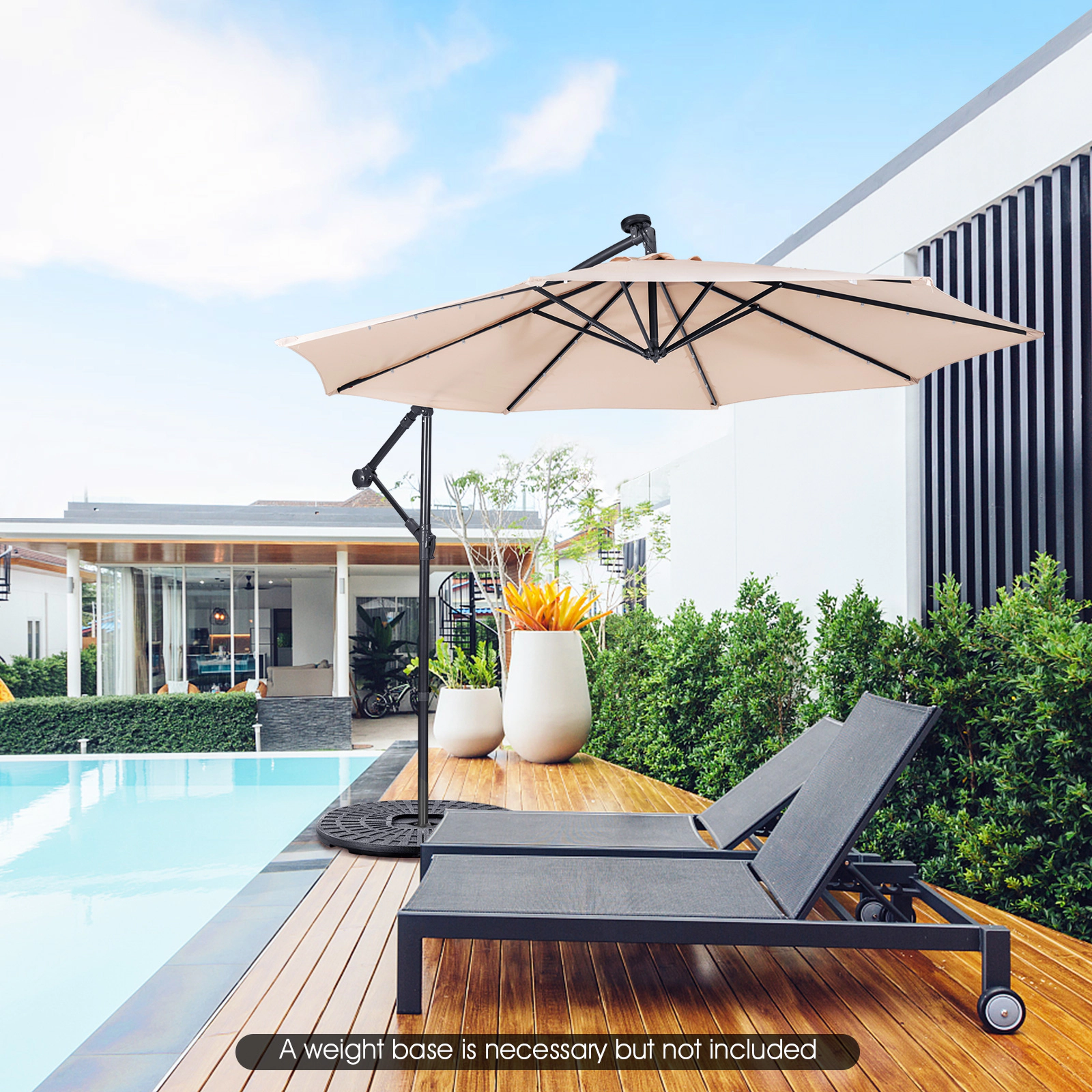 SUGIFT 10-ft Solar Powered Cantilever Patio Umbrella with Crank Tilting System and 39 x 39 x 2 in Crossed Base Beige