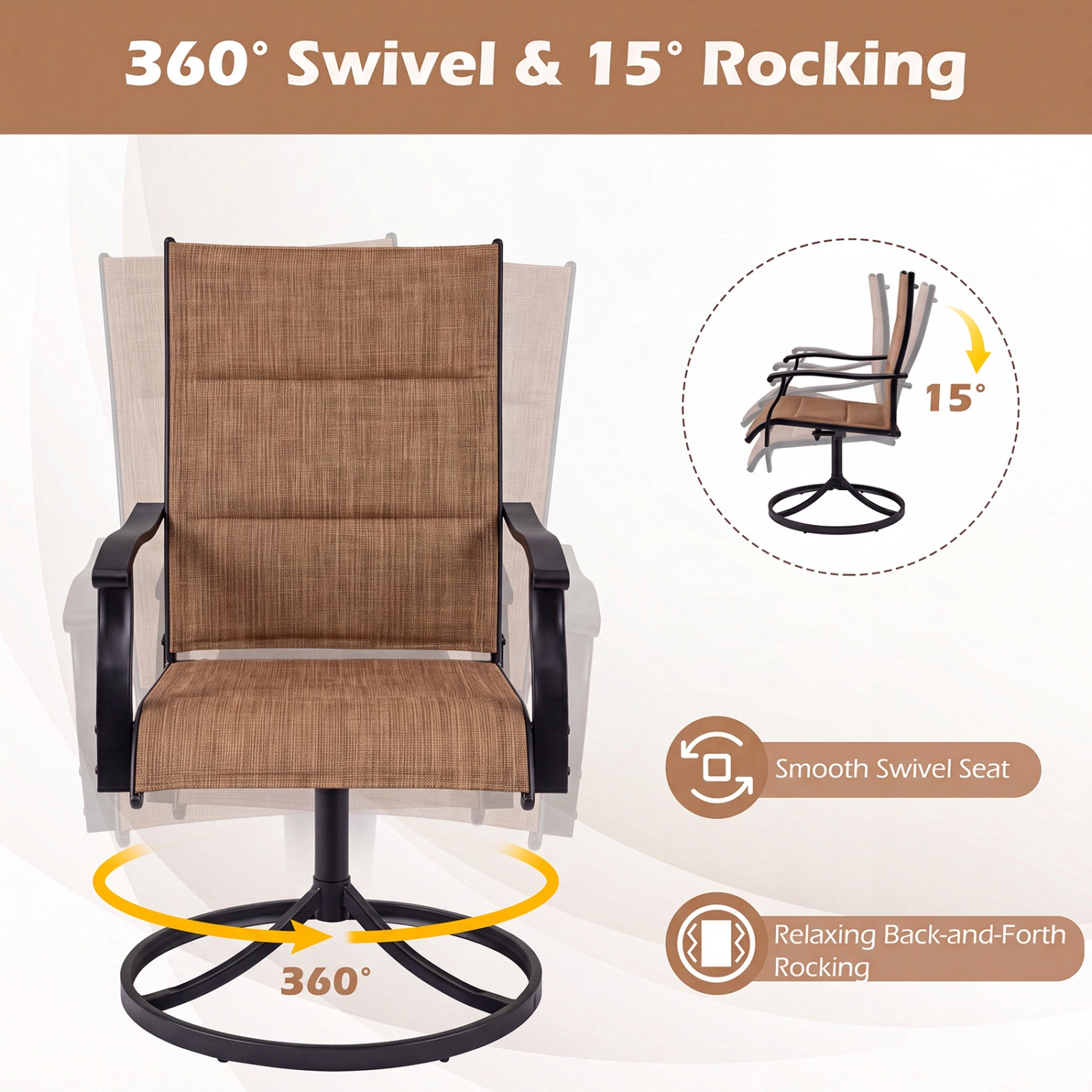 SUGIFT Set of 2 Padded Swivel Patio Dining Chairs with Curved Armrests and Metal Frame