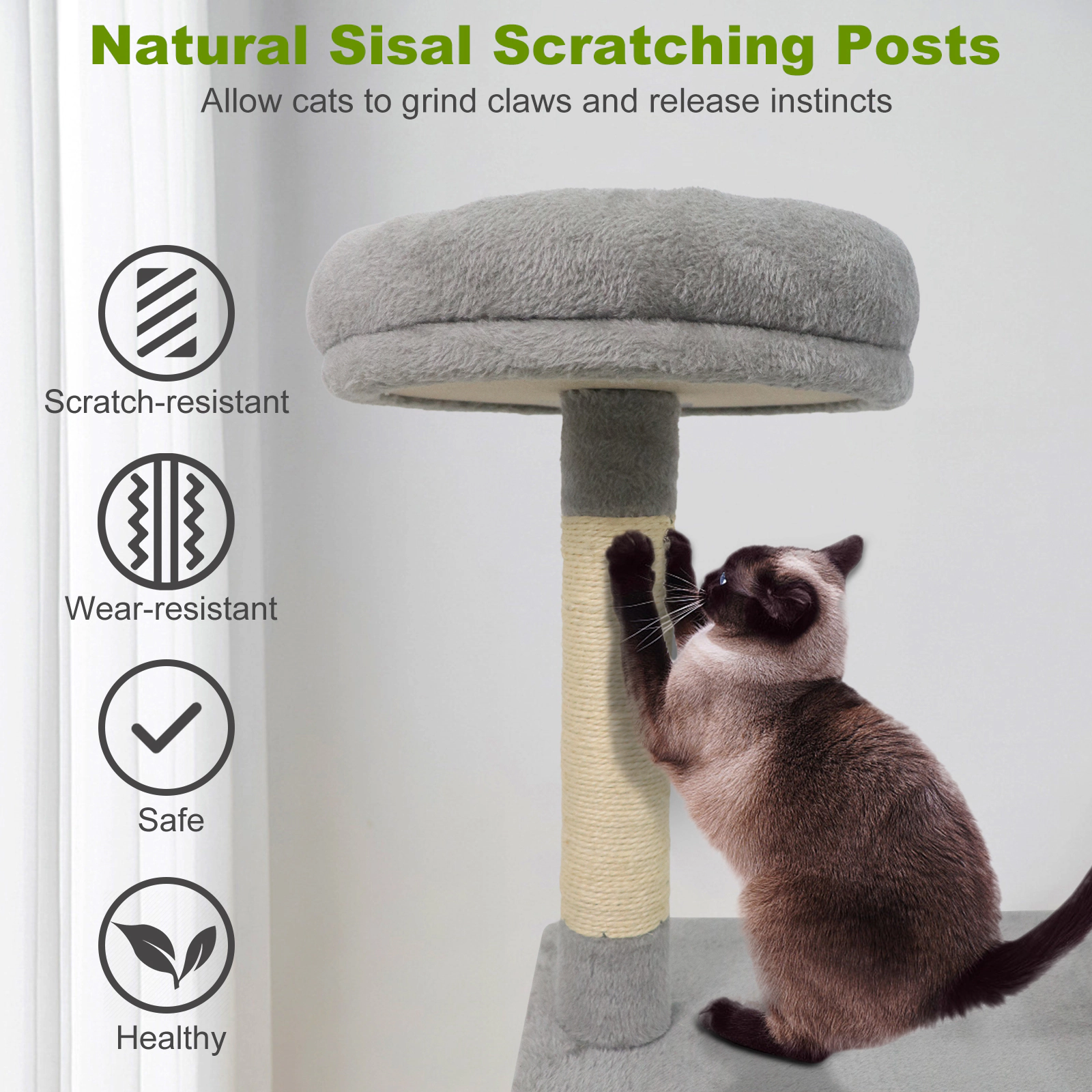SUGIFT 48-in Light Gray Multi-Level Kitten Cat Tree Tower with Cylinder Tunnel Large Condo and Jute Posts