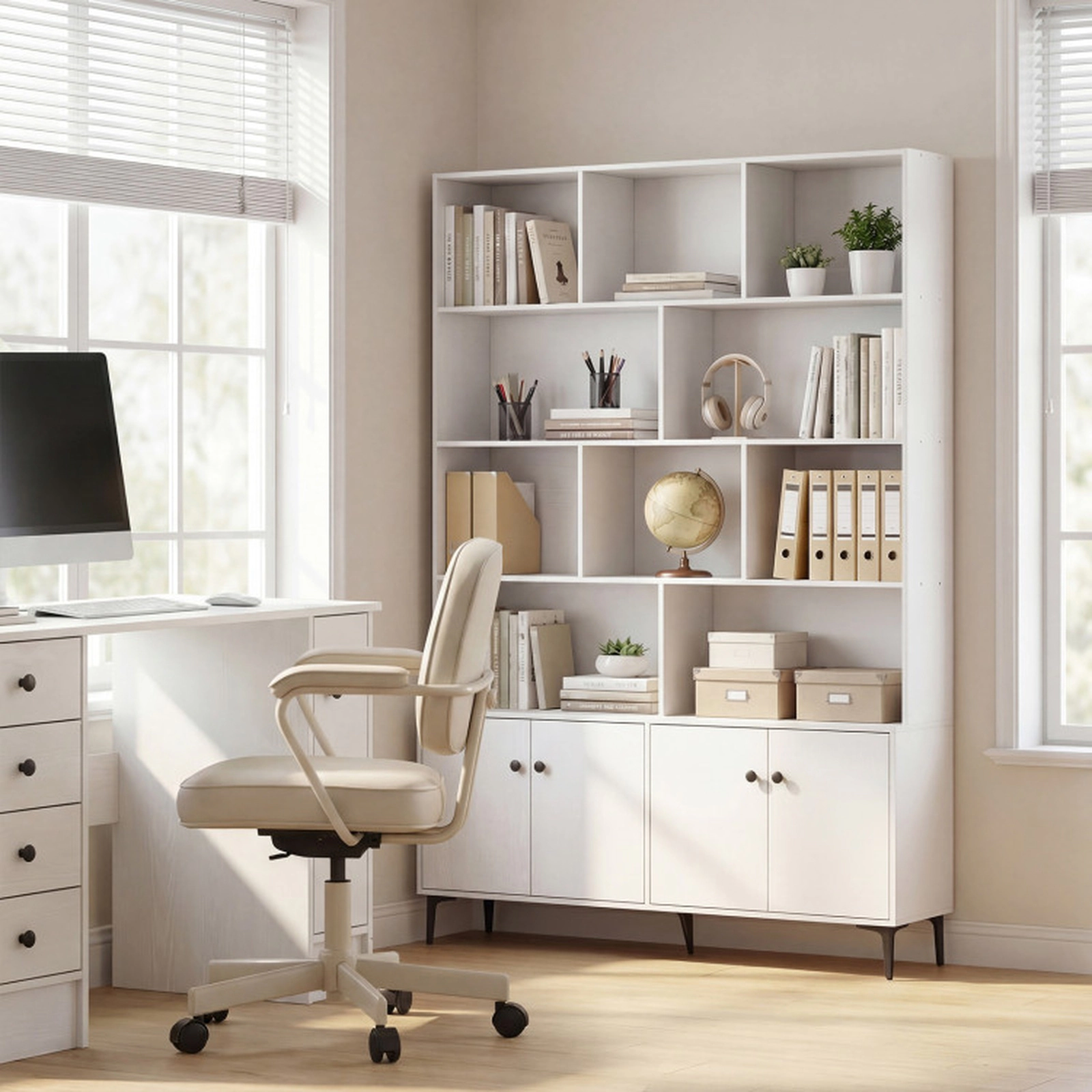 SUGIFT 68.5-in Tall 4-Door White Bookshelf with Storage Cabinet Open Display Shelves and Anti-Tipping Kits
