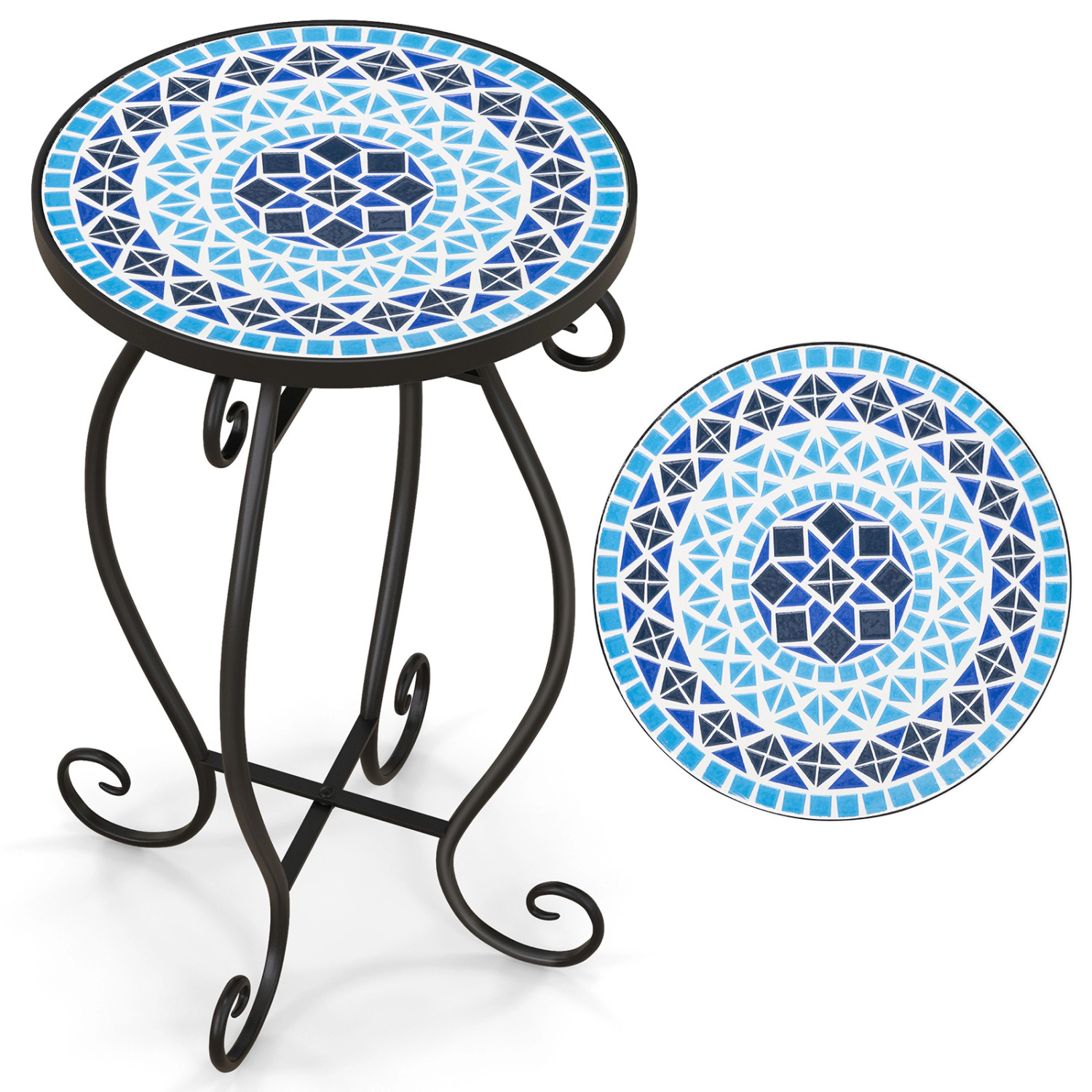 Hivvago 14 Inch Mosaic Round Side Table Plant Stand for Patio Lawn Garden