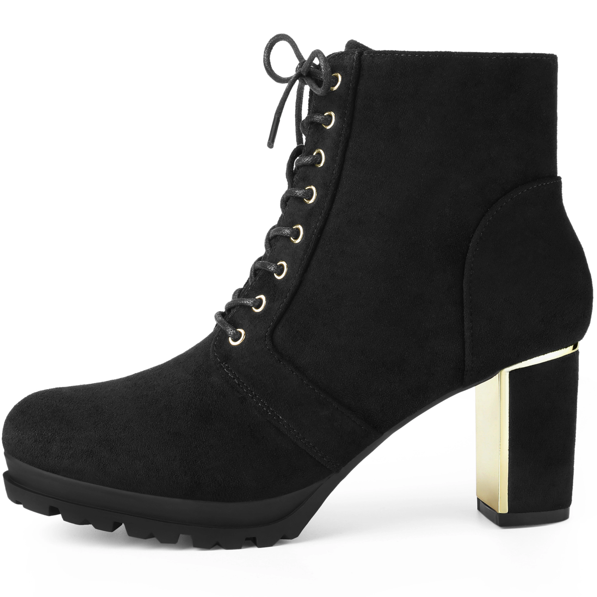 BLISSFUL STEP Women Faux Suede Chunky Heel Lace Up Platform Ankle Combat Boots