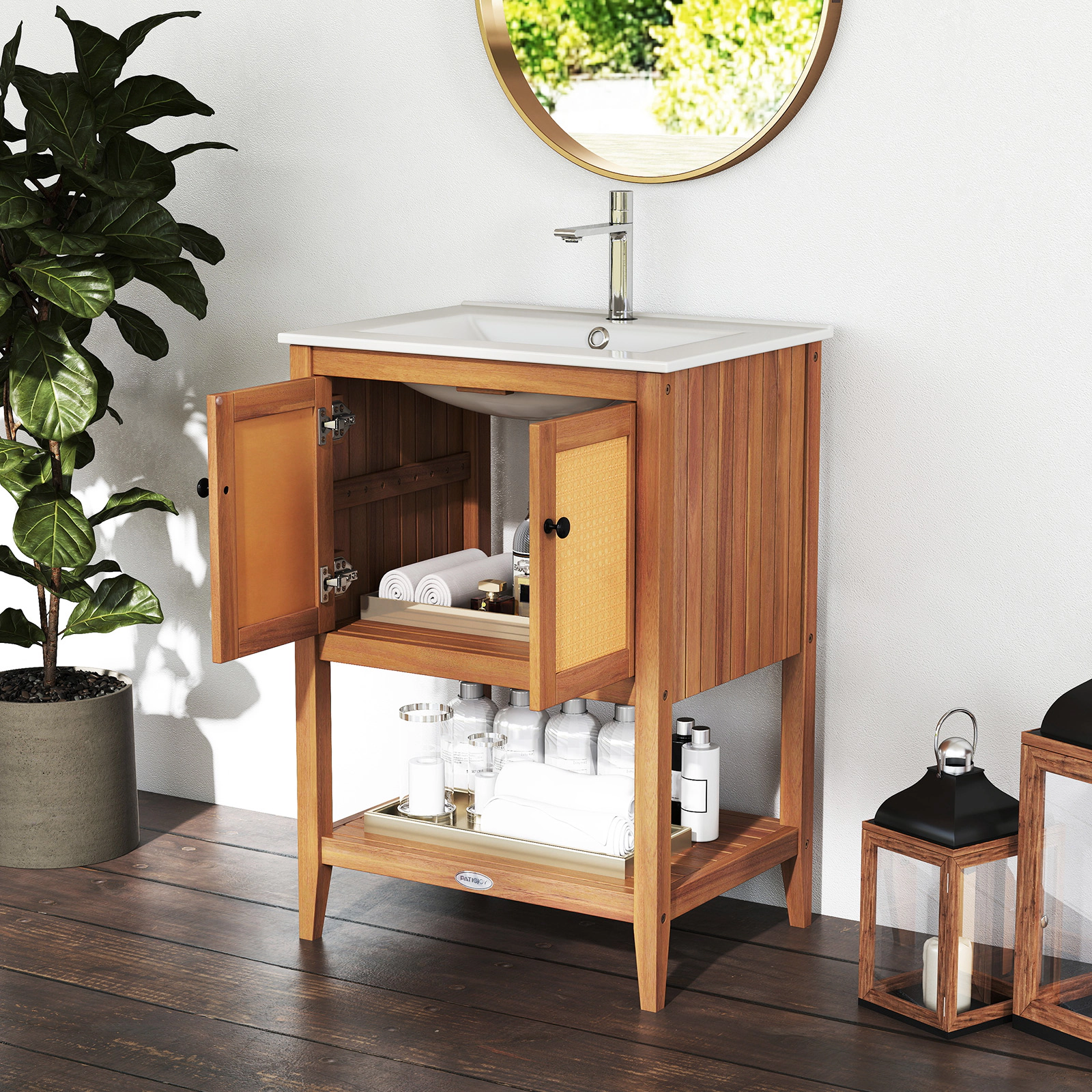 Slickblue Bathroom Vanity with Ceramic Sink, Open Shelf and 2 Door Storage Cabinet
