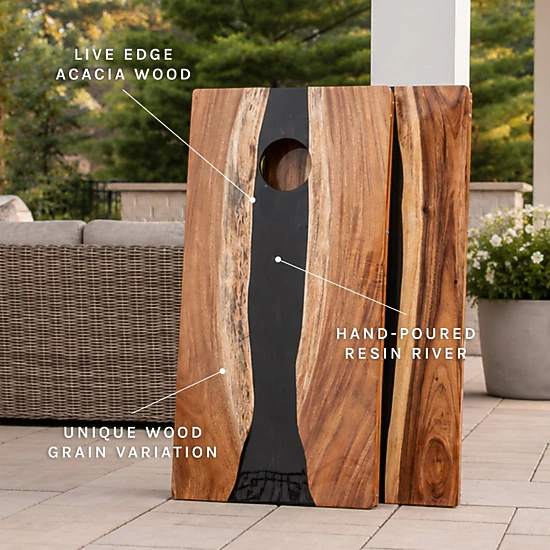 Elakai  The River Epoxy Resin With Live Edge Acacia Pathfinder Art Cornhole Boards