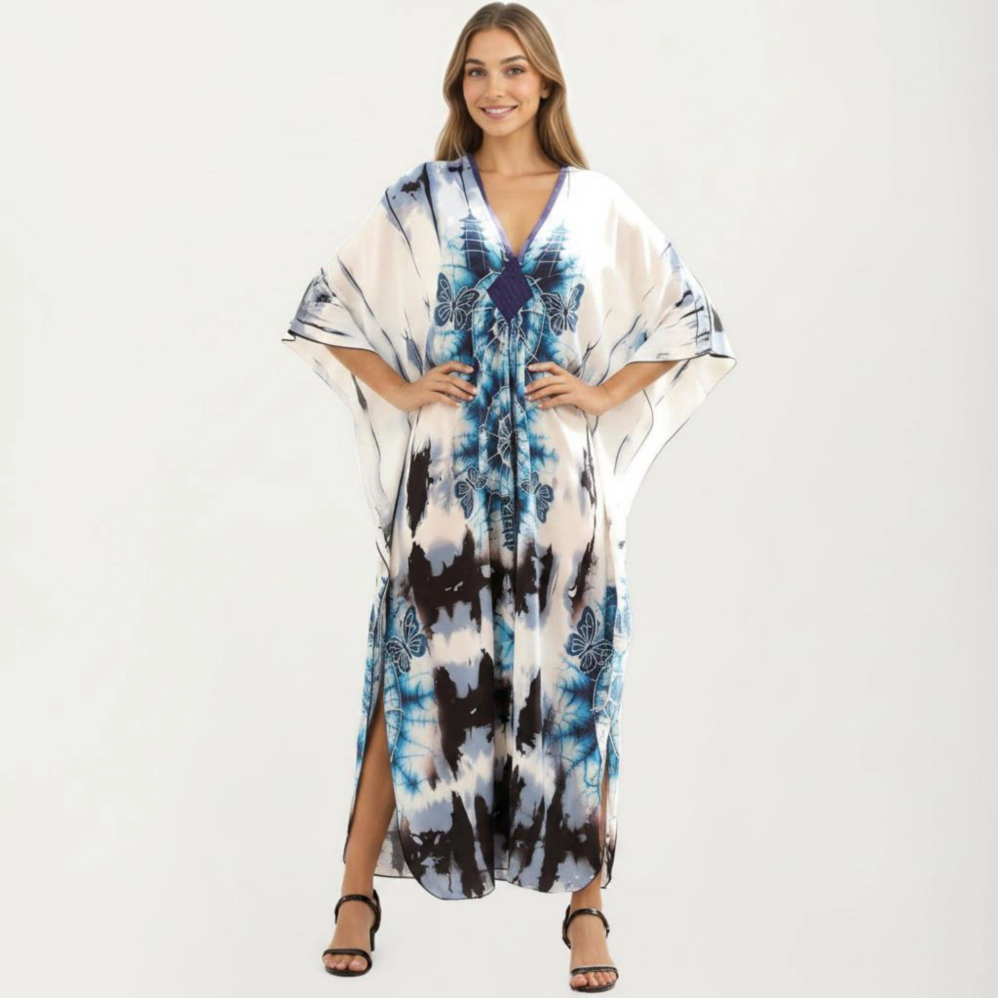Anna-Kaci Women's Tie Dye Medallion Kaftan Maxi Dress with V-Neckline and Relaxed Flowy Silhouette