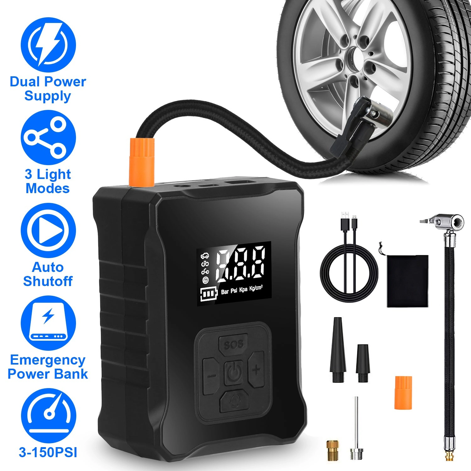 GBruno 150PSI Digital Tire Inflator With LED Light