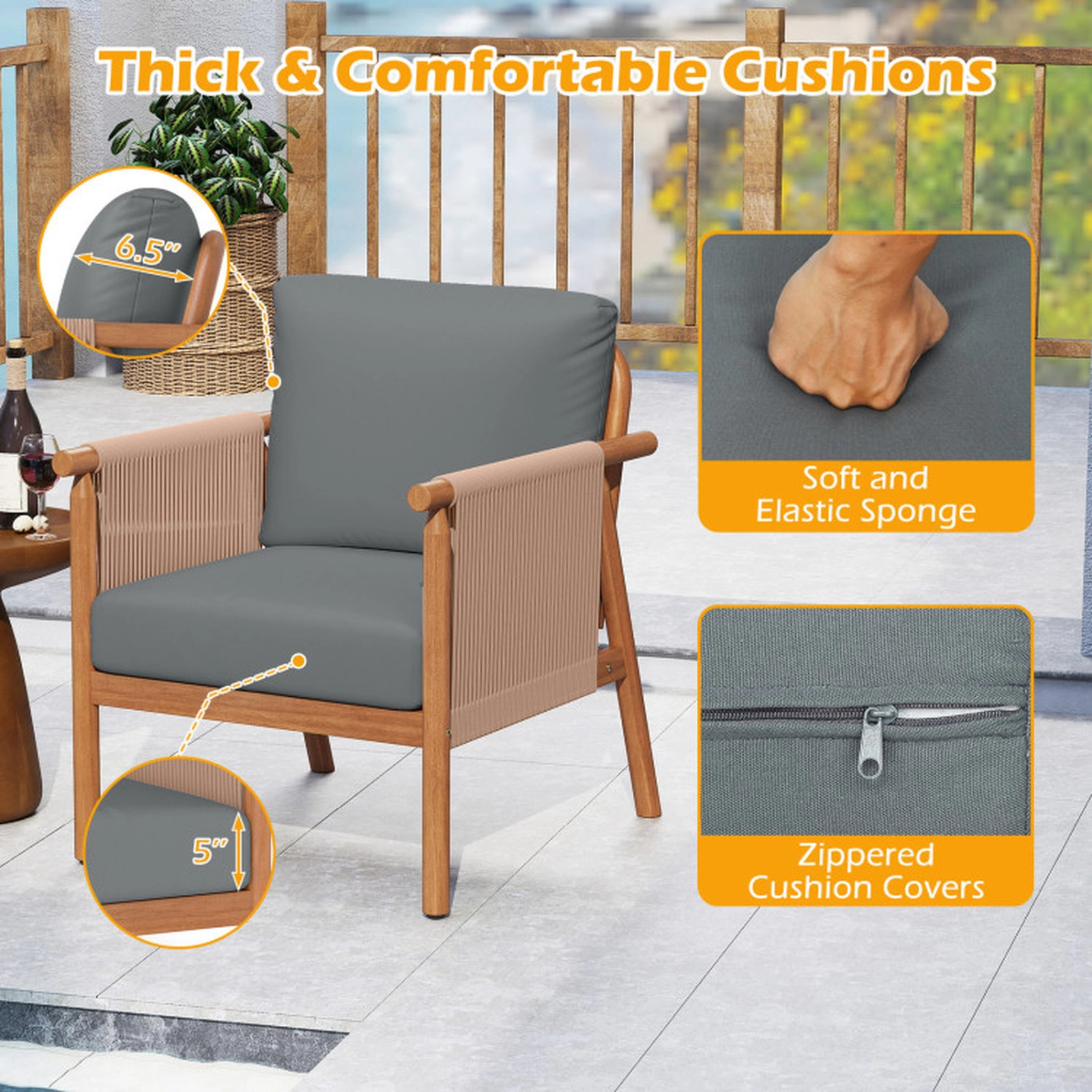 SUGIFT Boho Woven Rope Patio Acacia Wood Chair Set of 4 with Seat and Back Cushions 400-lb Capacity Gray