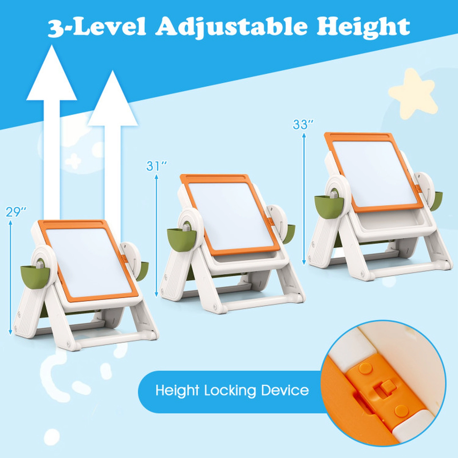 SUGIFT Orange Folding Art Easel and Storage Baskets Kids 6-in-1 Activity Table and Chair Set