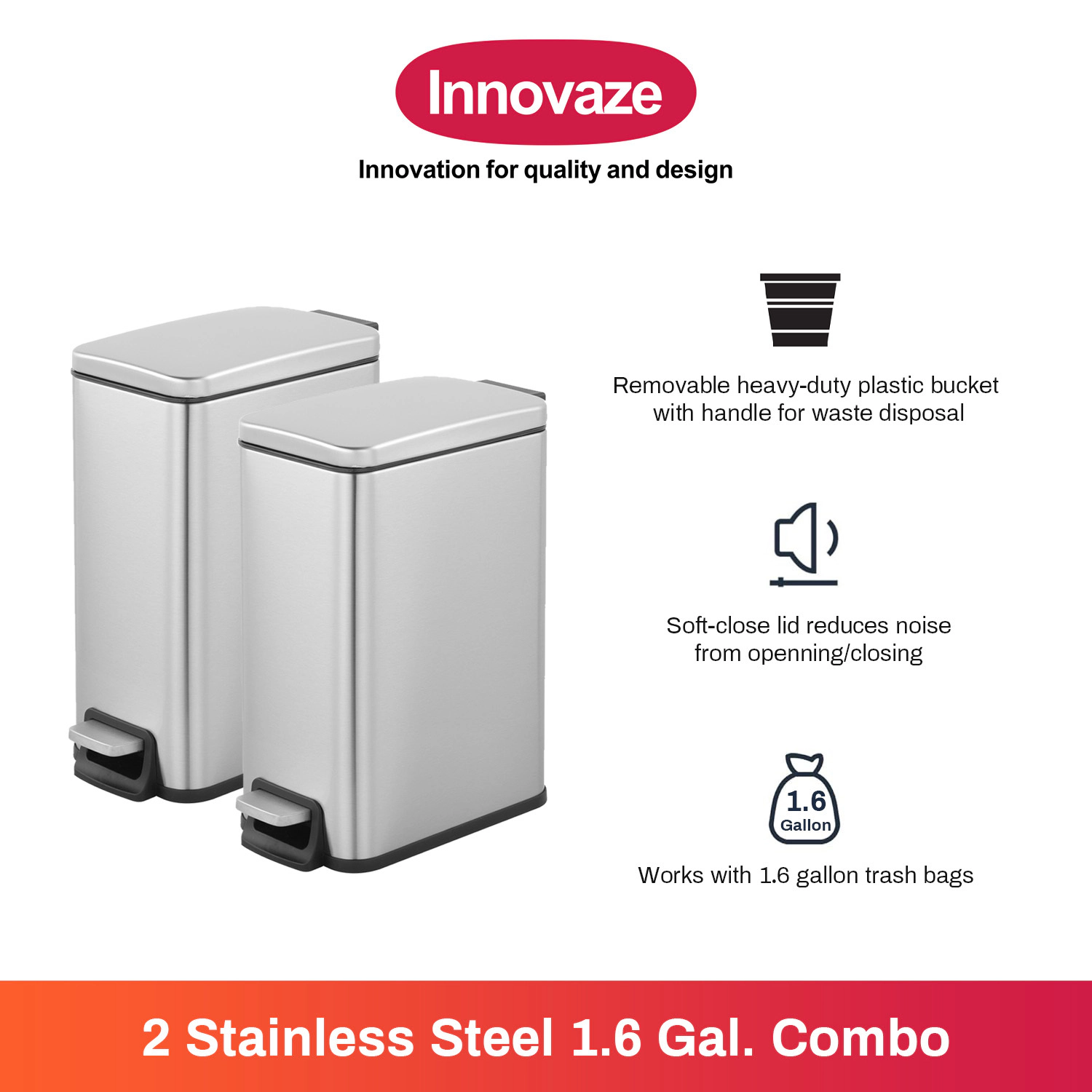 Innovaze Two 1.6 Gallon/6 Liter Rectangular Step-on Trash Can Set For Bathroom and Office