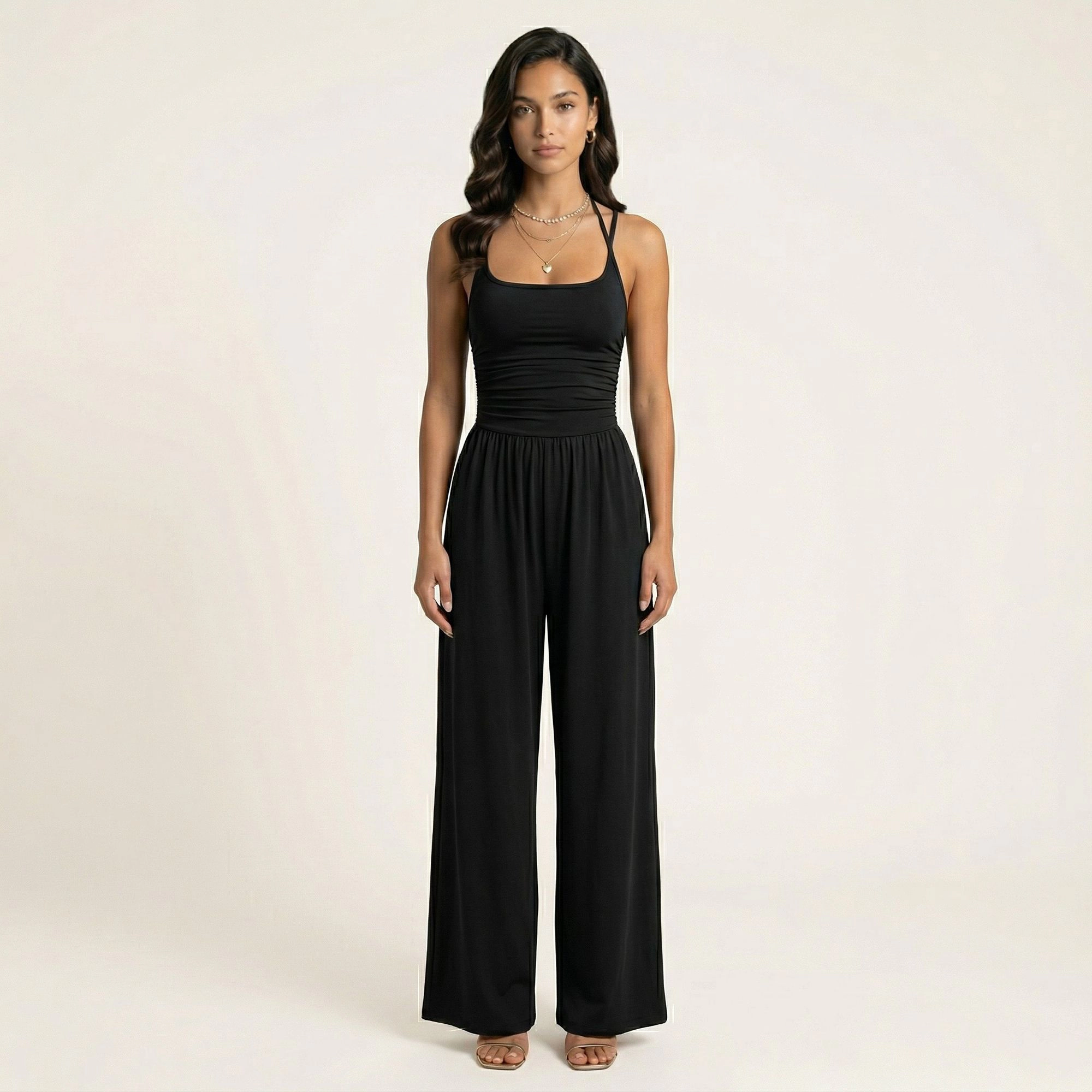 Anna-Kaci Womens Sleeveless Scoop Neck Wide Leg Jumpsuit with Ruched Bodice