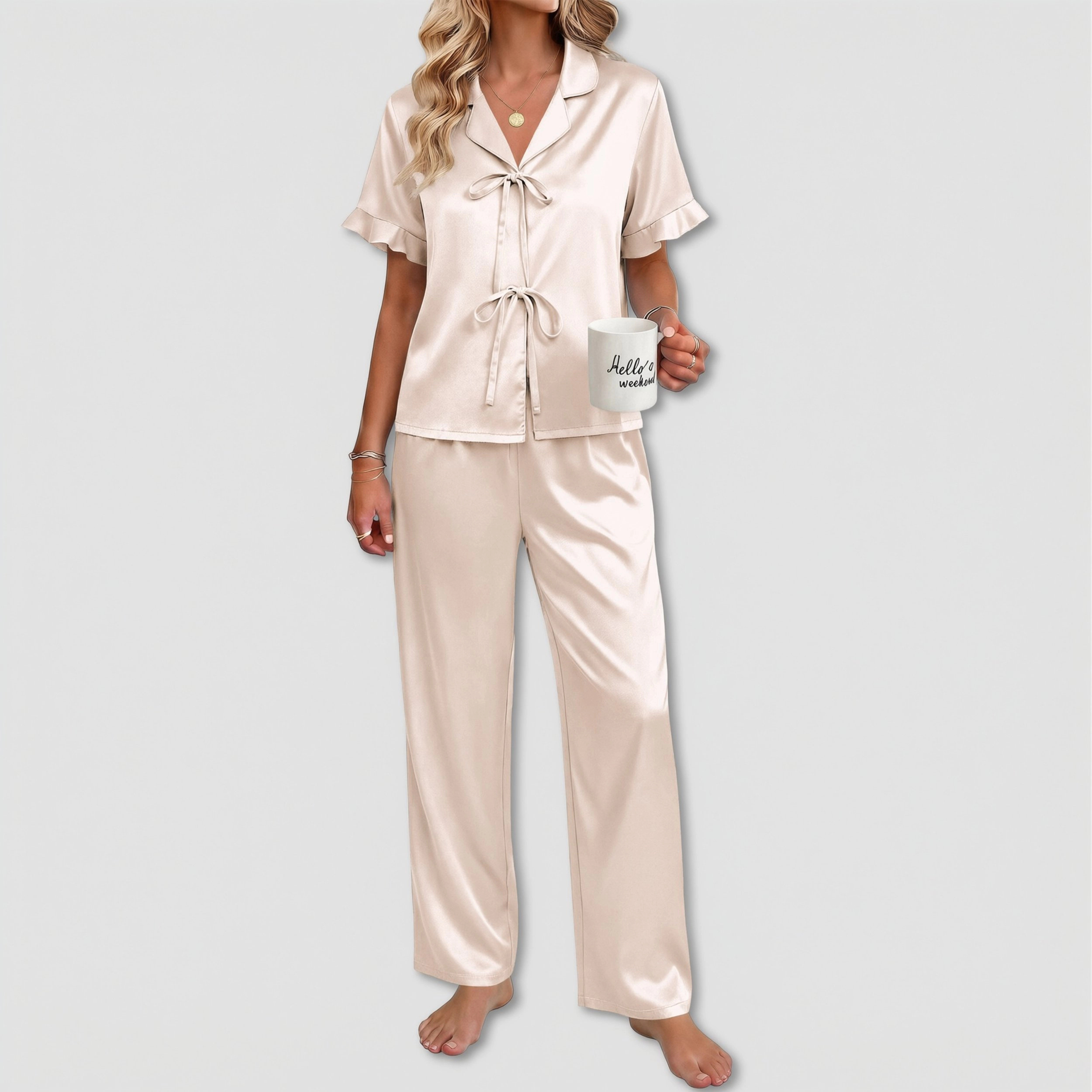 Ekouaer Silk Pajamas for Womens Two Piece Satin Pajama Set Ruffle Tie Short Sleeve Comfy Loungewear