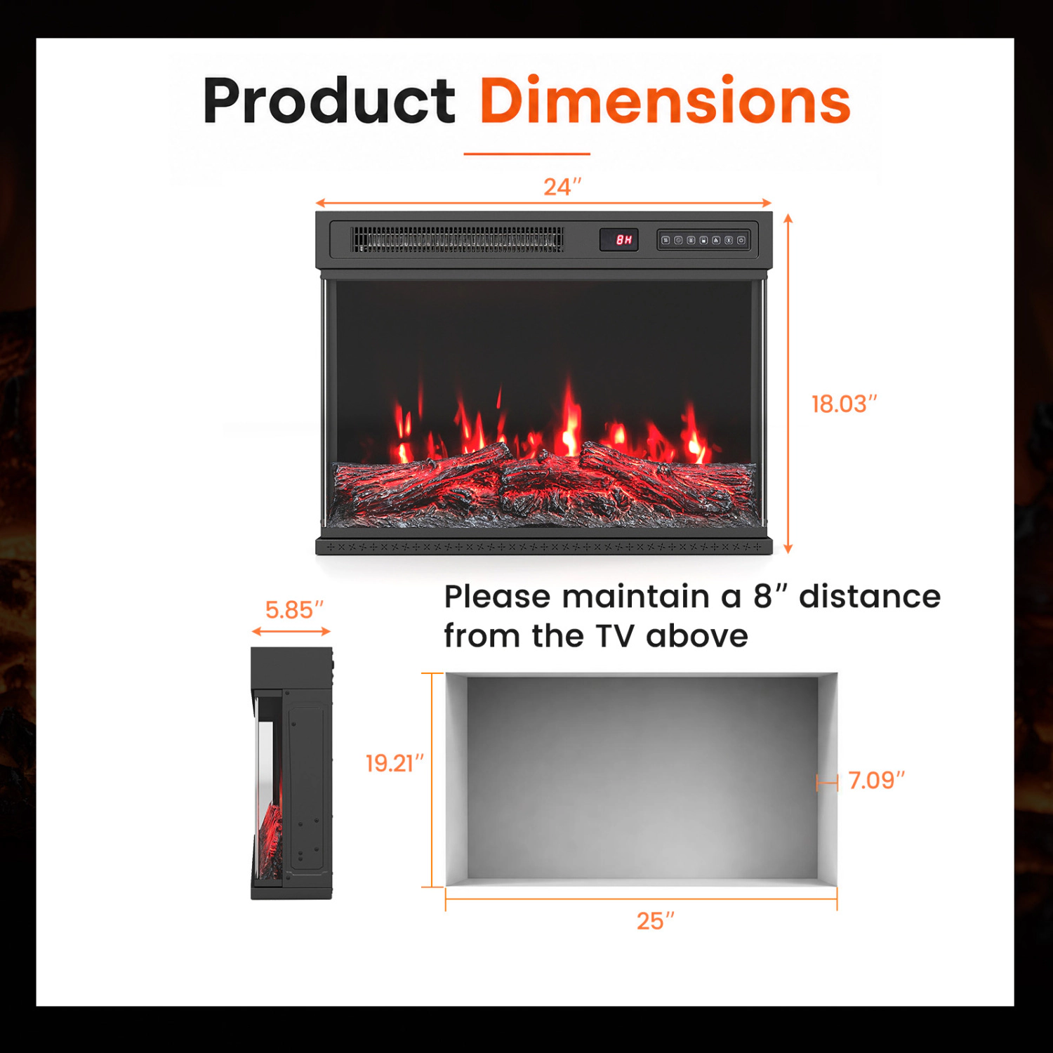 LJG 24/40/50/60 Inch 3-Sided Built-in Electric Fireplace Insert with 12 Flame Colors-24"