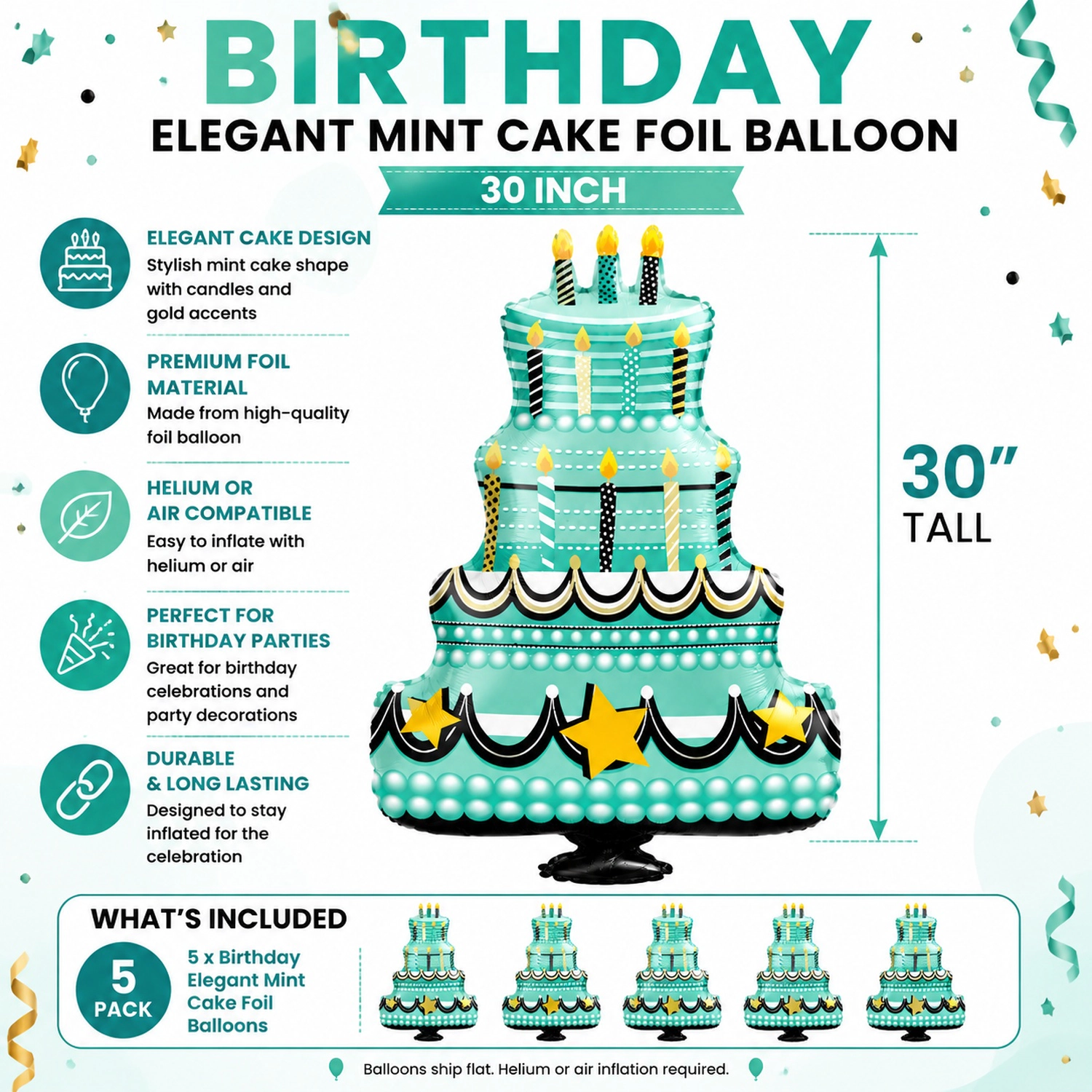 LoonBalloon 30 in Birthday Cake Foil Balloons, 5 Pack