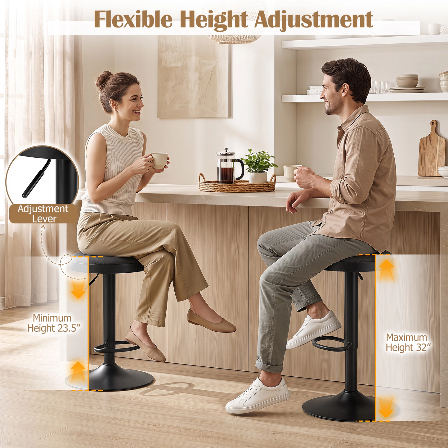 LJG Set of Kitchen Bar Stools with Height Adjustment Padded Seat and D-Shaped Footrest