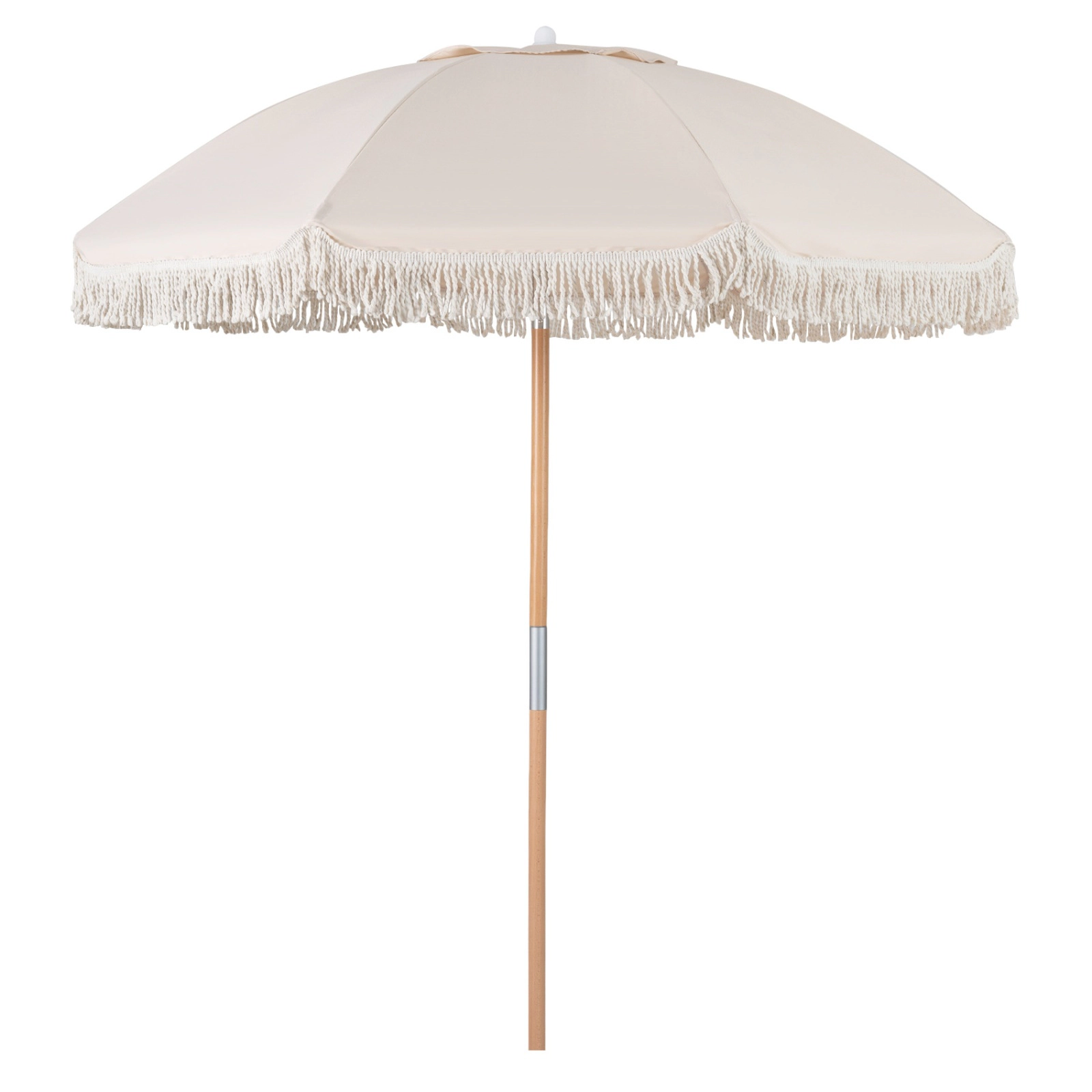SUGIFT 6-ft Fringe Patio Umbrella with Push Button Tilt, Vented Canopy and Wood Pole 7.4-ft Tall 1.3-in Pole White