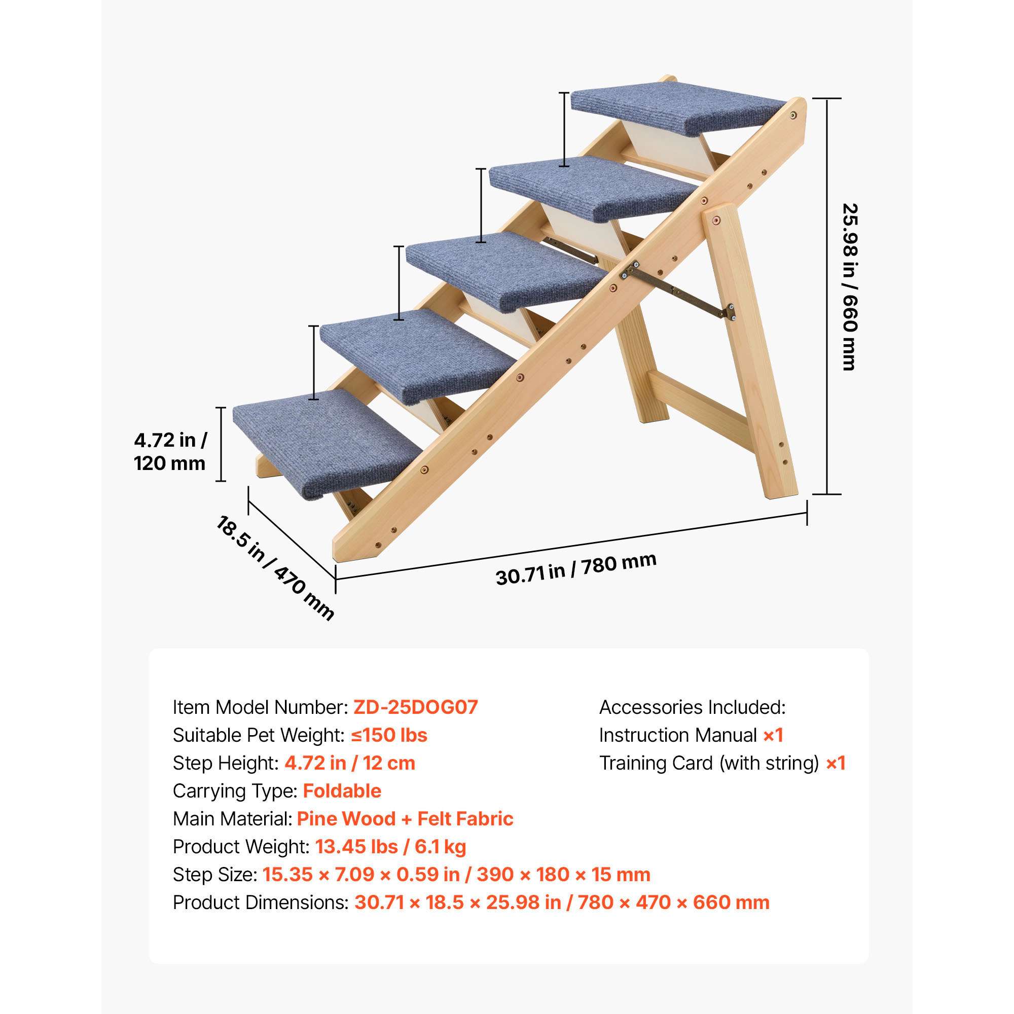 HONGGE 5-Step Foldable Wood Dog Stairs for Beds & Sofas, Gradual Climb, Supports Pets up to 150 lbs