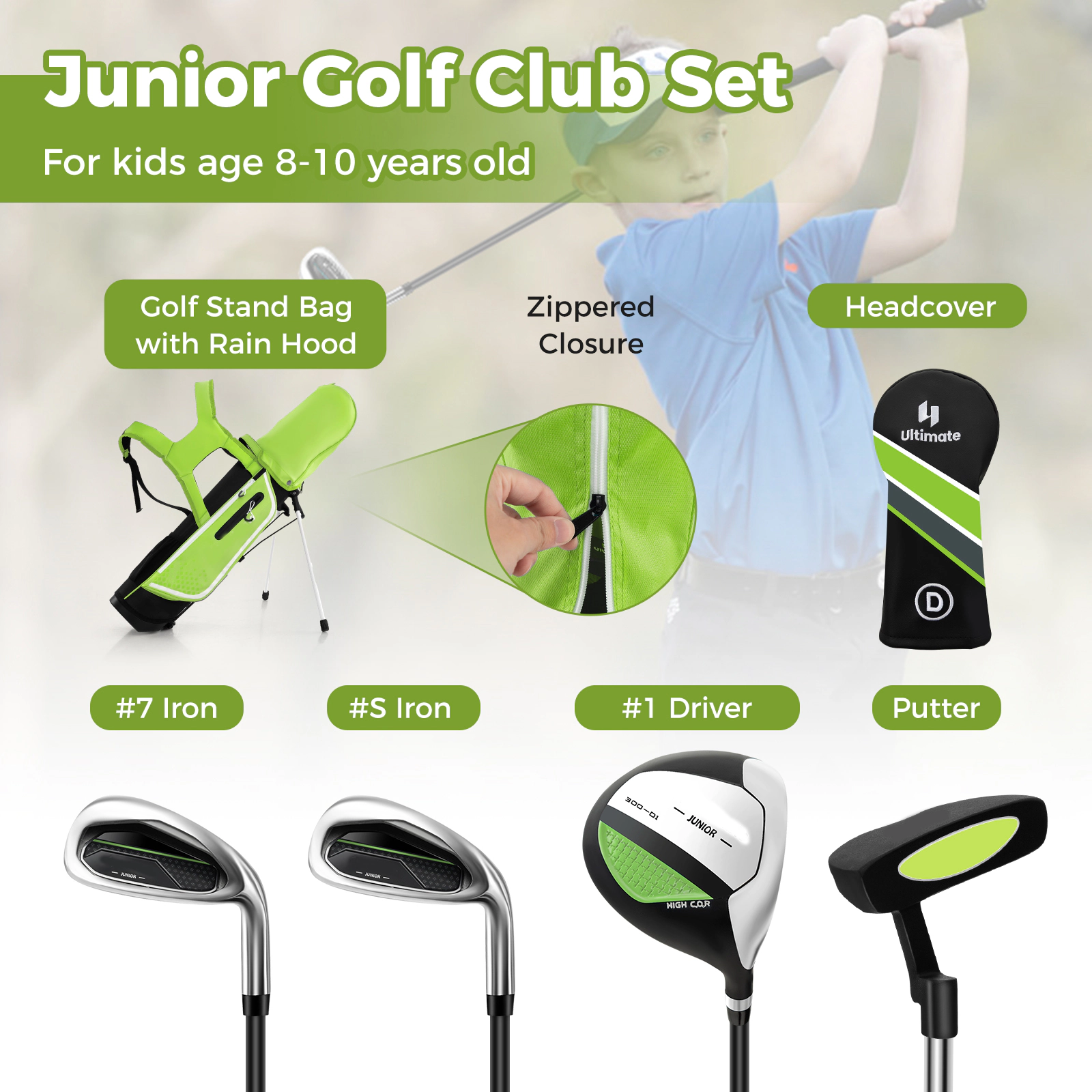 SUGIFT Kids Junior Complete Golf Club Set Stand Bag Rain Hood 4-Way Divider 26-in Bag Ages 8-10 Years Green