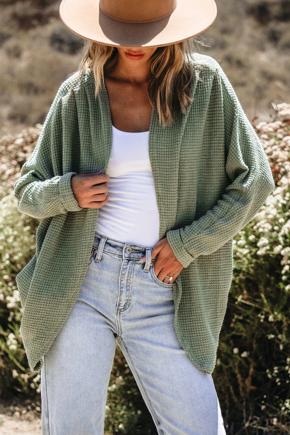 Threaded Pear Women's Waffle Knit Open Front Cardigan
