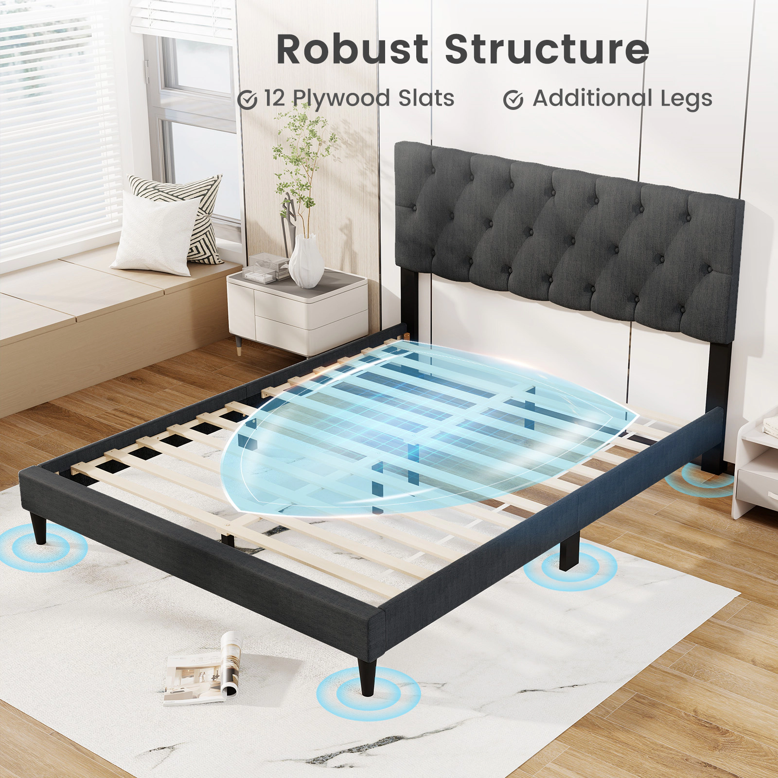 SUGIFT Upholstered Platform Bed Frame with Tufted 44-in Headboard 800-lb Capacity Gray Queen Size
