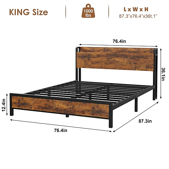 BebreezChic King Bed Frame, Storage Headboard, 2-Tier Shelf, USB Charging Station, Heavy-Duty Industrial, Rustic Brown