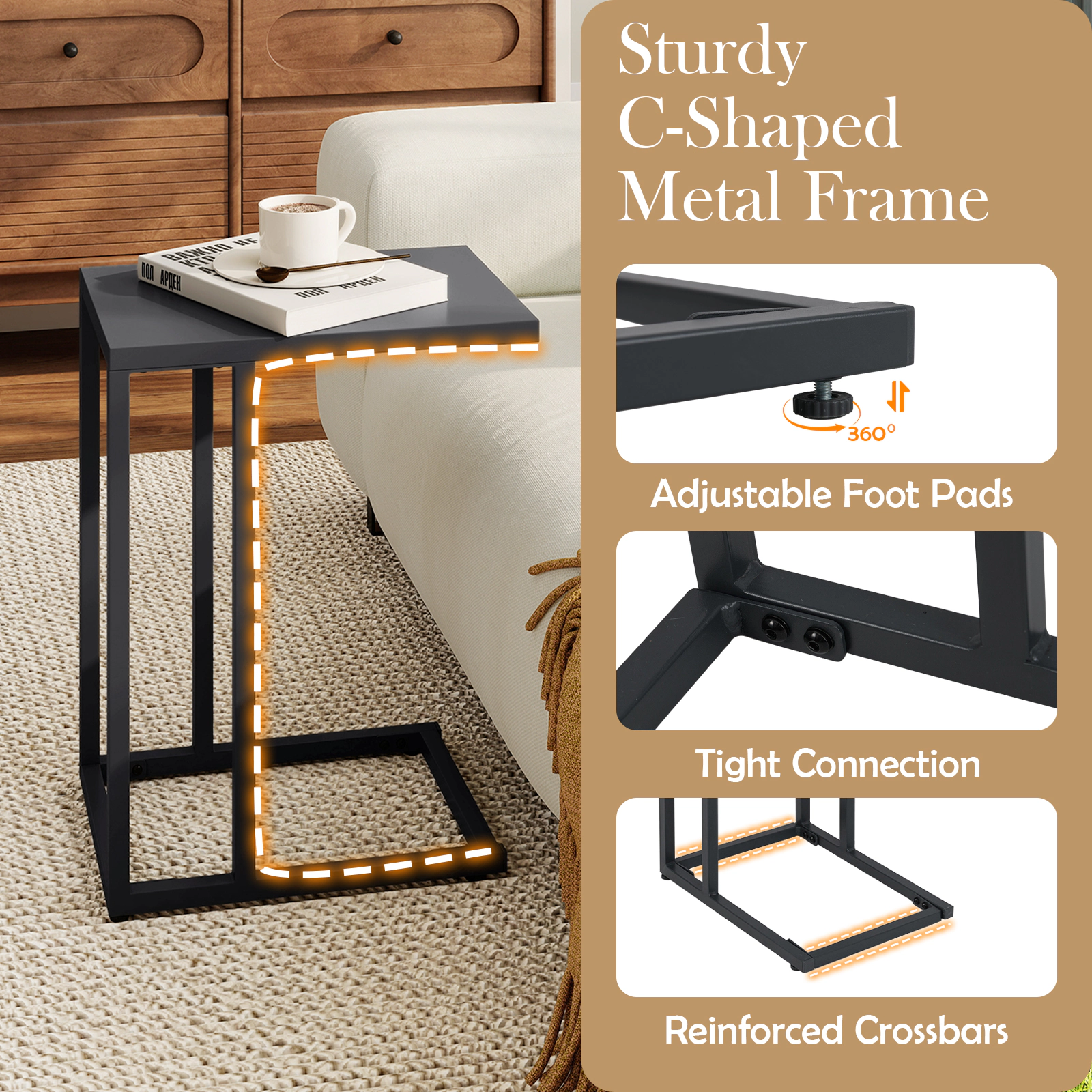 Glintex All-Metal C-Shaped Side Table with Reinforced Crossbars and Adjustable Pads, Dark Gray