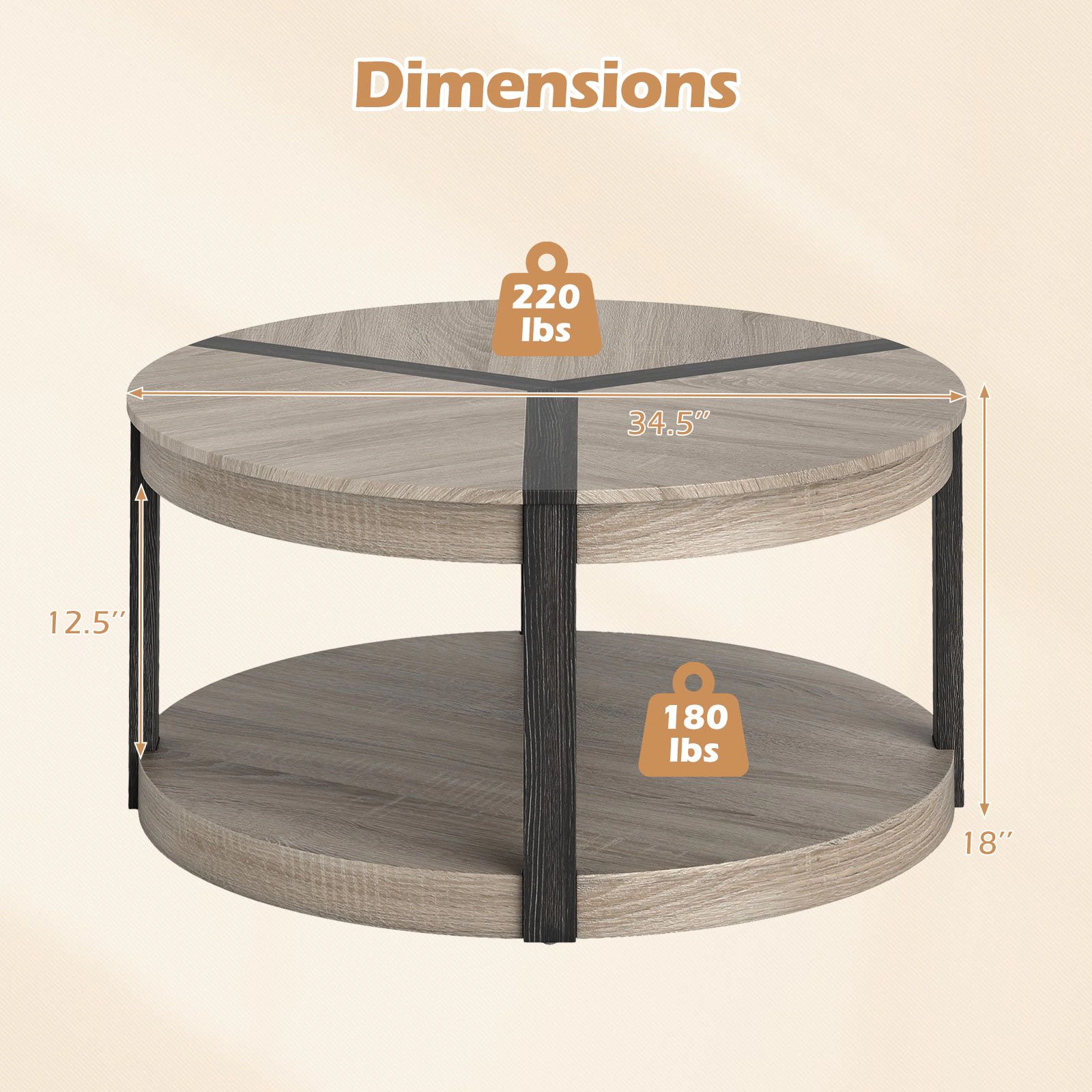 SlickBlue Round Coffee Table with 2 Tier Storage Shelf