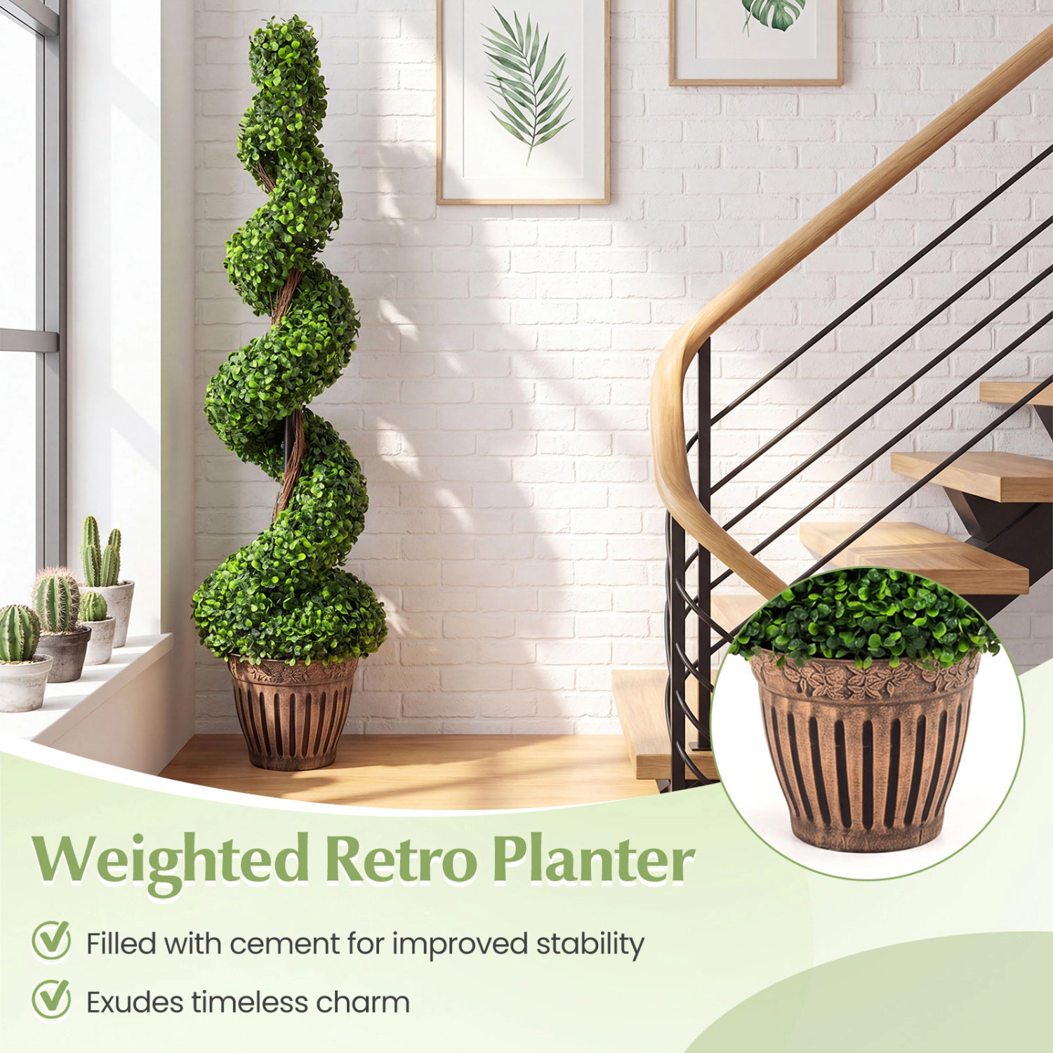 Slickblue  Set of 2 Artificial Floor Plant Green PVC Leaves Wood Look Trunk Entryway Patio Decor
