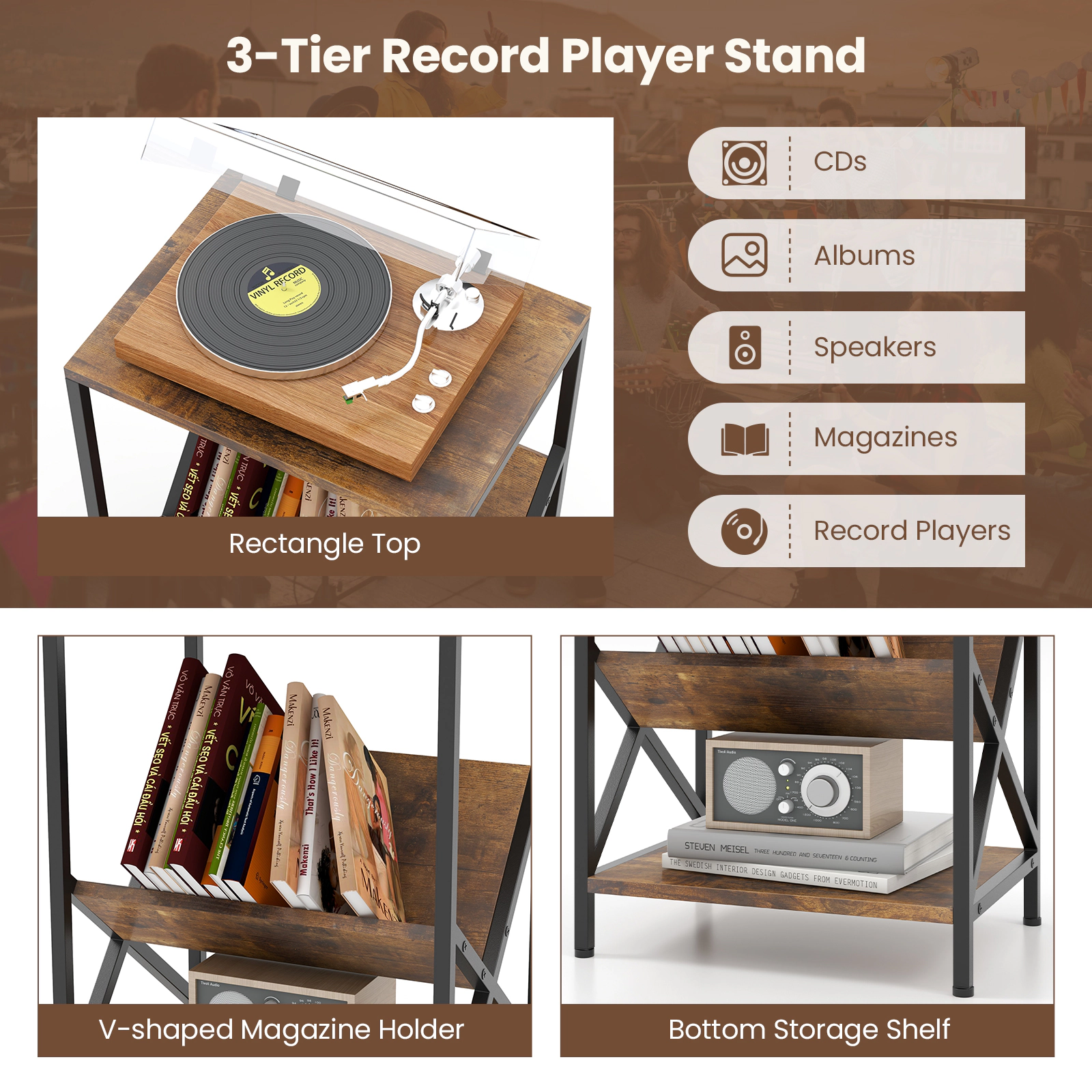 Glintex 3-Tier Industrial Side Table with V-Shaped Magazine Rack and Steel Frame, Rustic Brown