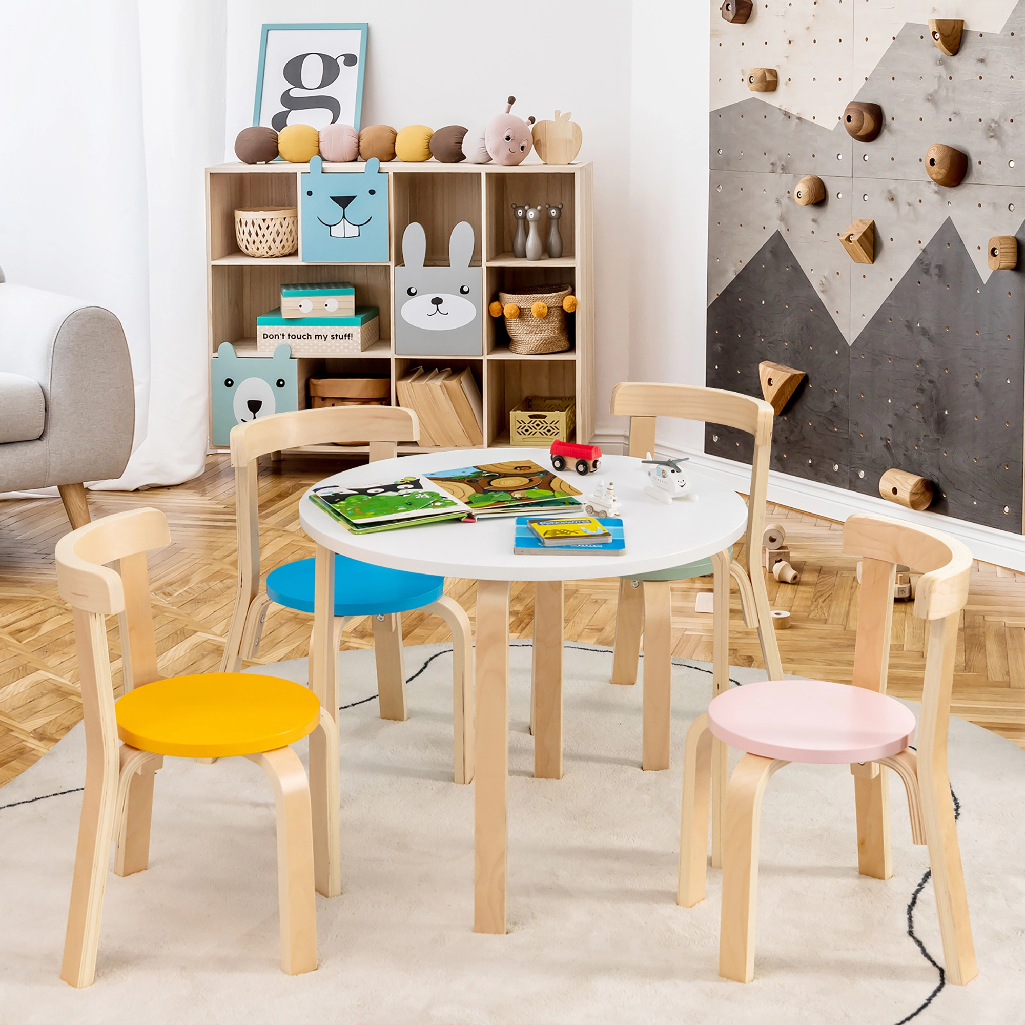 5-Piece Kids Table and Chairs Set Wooden Toddler Activity Table with 4 Curved Back Chairs and 15 Toy Building Natural