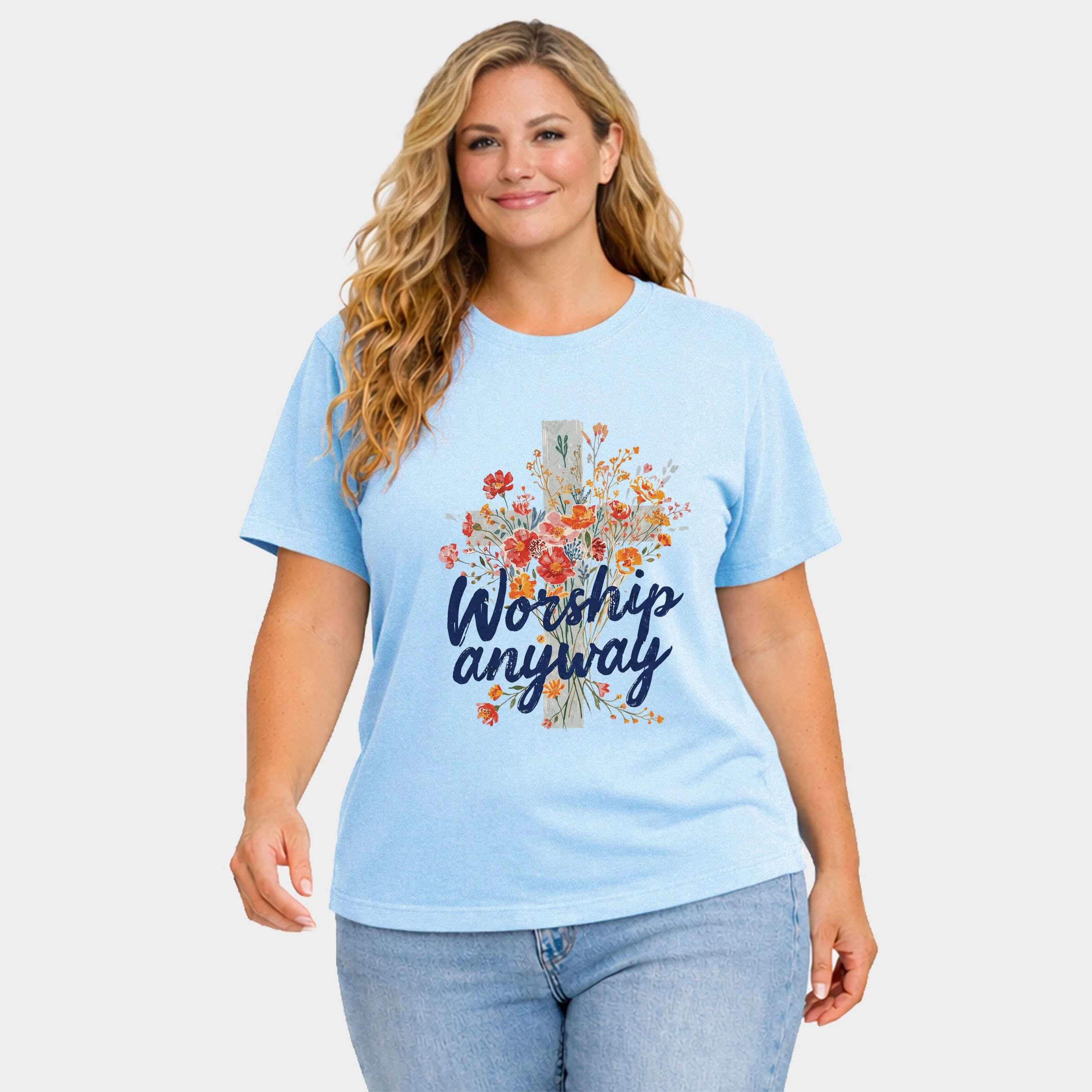 Simply Sage Market - Worship Anyway Cross Women's Plus Sized Garment Dyed Graphic T-Shirt