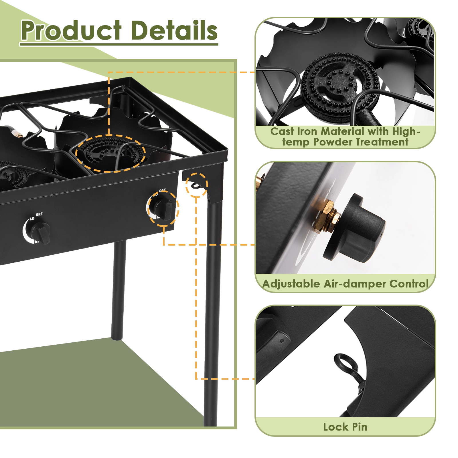 SUGIFT 3-Burner Black Portable Propane Gas Cooker with Detachable Legs 225000-BTU 34-in W 18-in D 30-in H