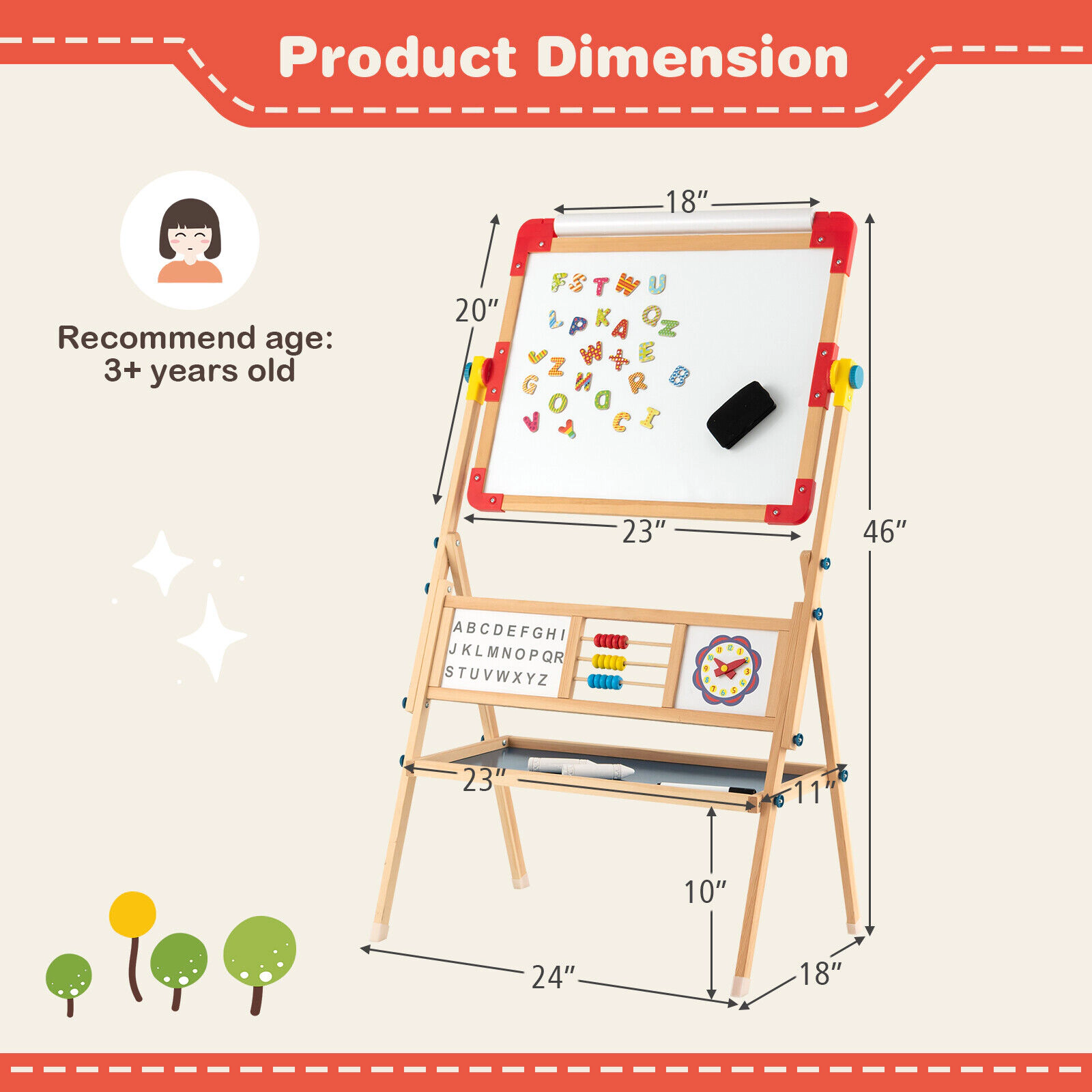 3-in-1 Wooden Art Easel for Kids with Alphabet Abacus Clock Learning Panels Paper Roll and Board Locks Flat as Table
