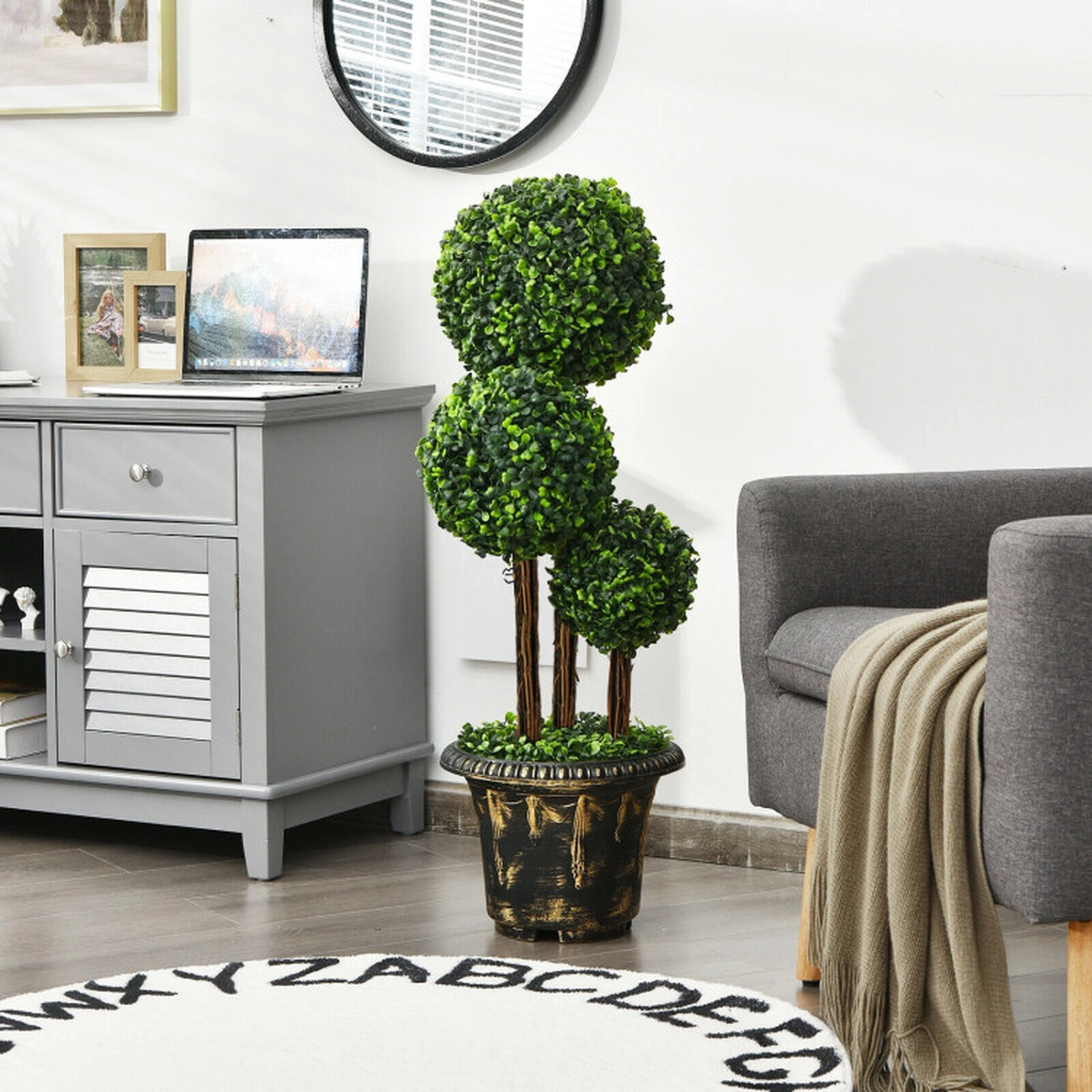 SUGIFT 36-in Artificial Triple Ball Topiary Tree with Real Wood Rattan Iron Tube Frame and Cement Pot