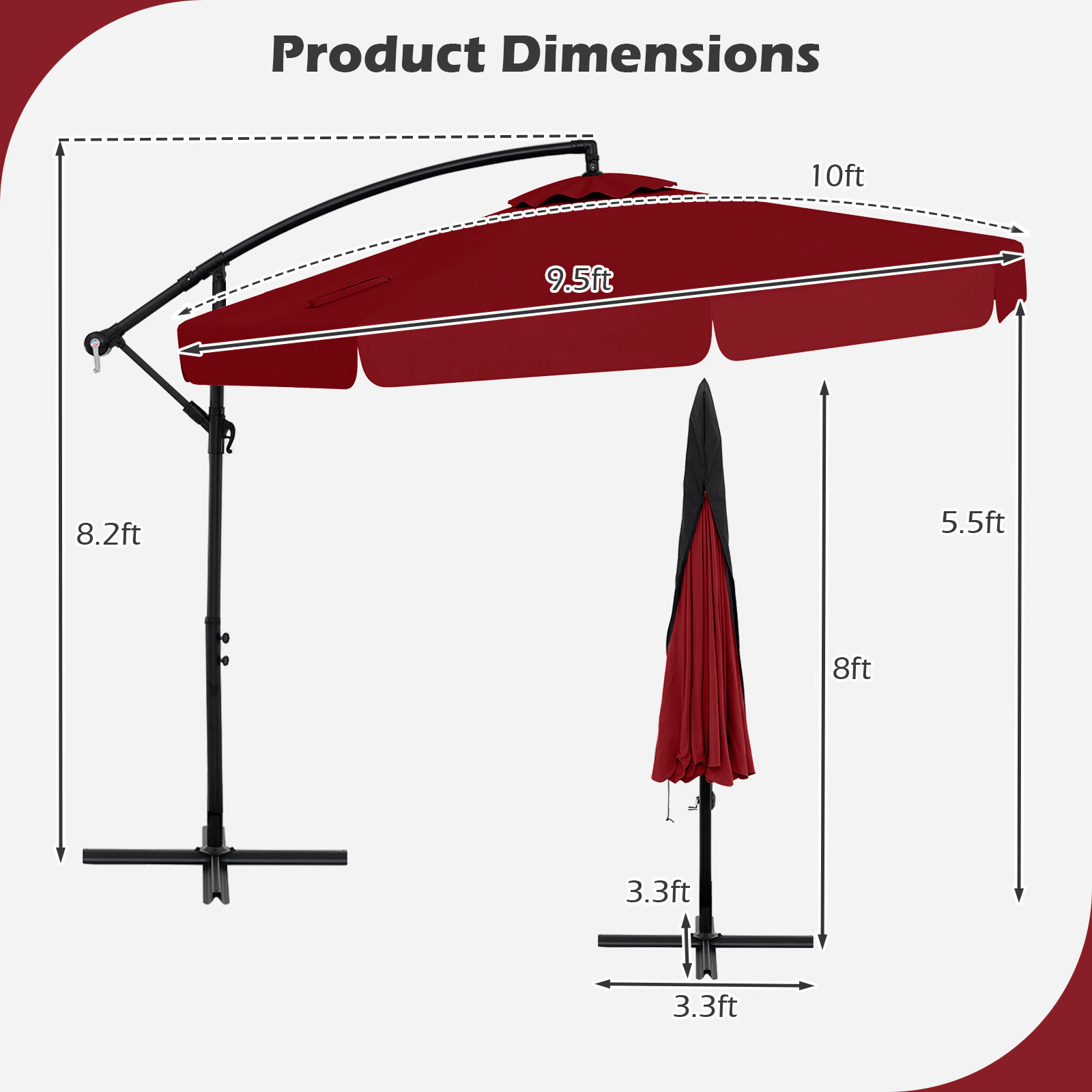 SUGIFT 10-ft Wine Offset Cantilever Patio Umbrella with Ruffled Edge 45-Degree Tilt and Zippered Cover