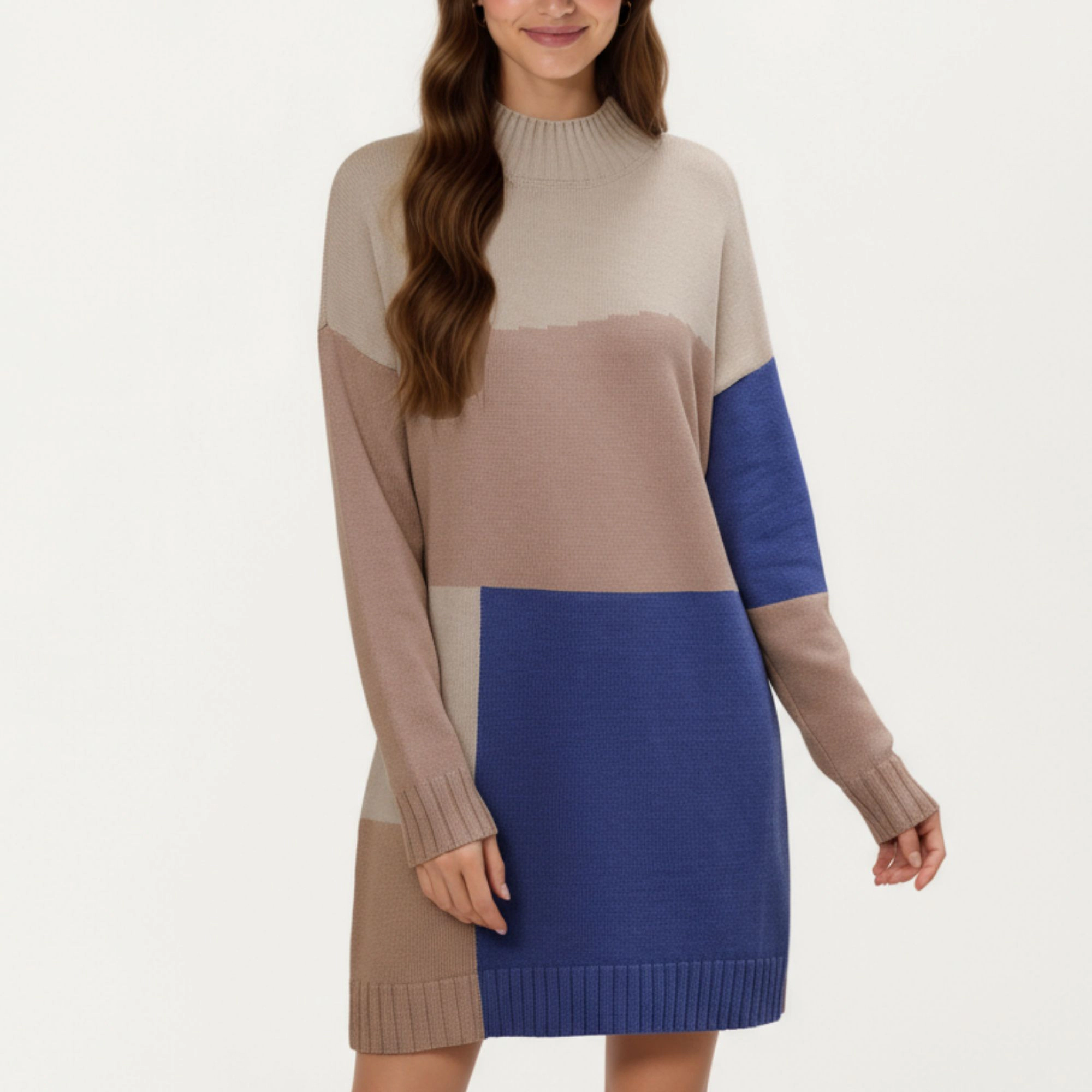 Anna-Kaci Women's Colorblock Knit Long Sleeves Ribbed Edges Straight Sweater Dress