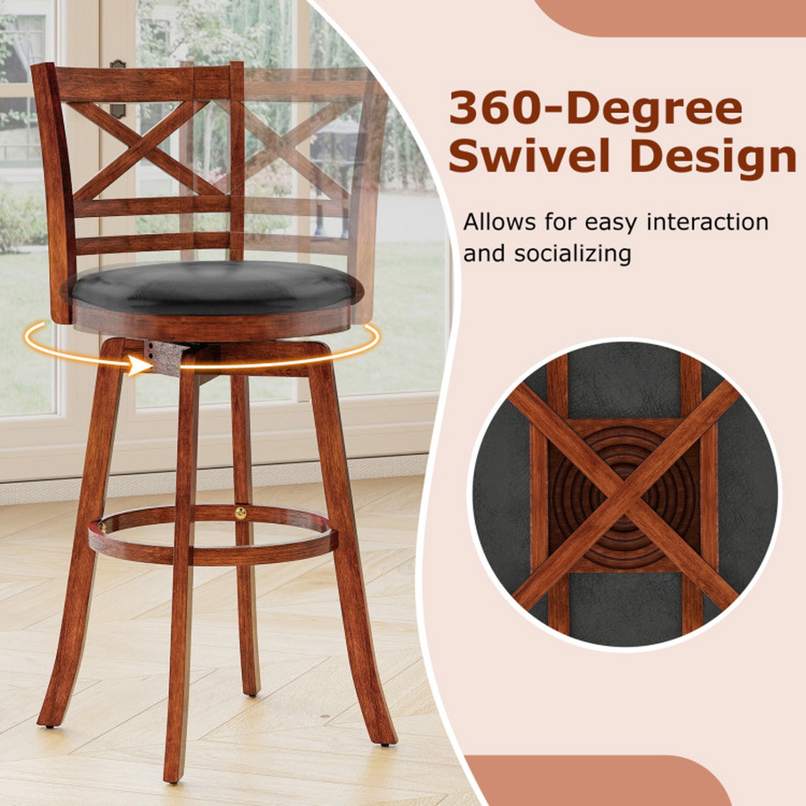 SUGIFT Set of 2 Counter-Height Swivel Bar Stools, PU Leather, Curved Backrest and Footrest