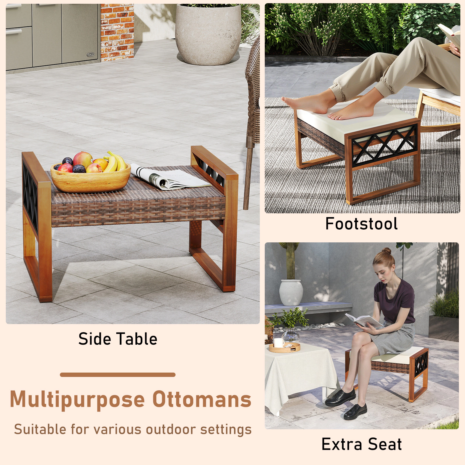 SUGIFT PE Rattan Wicker Patio Ottomans Set of 2 with Removable Cushions 400-lb Capacity Mix Brown Beige